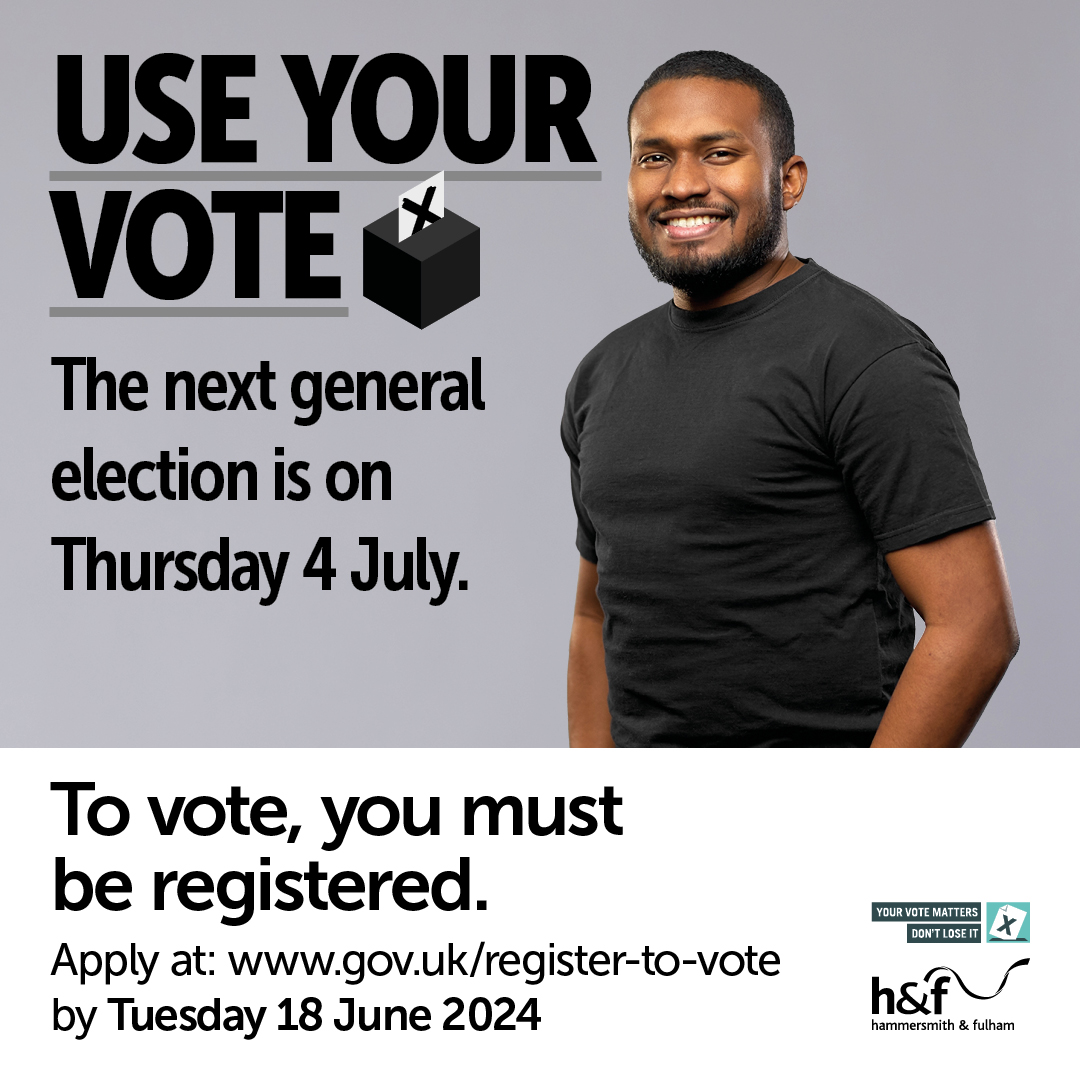 👉You need to be registered by 18 June in order to vote in July's general election. 👉Registering is quick and easy. 👉All the info you need on how to register, as well as applying for postal and proxy votes, is here: lbhf.gov.uk/news/2024/05/r…