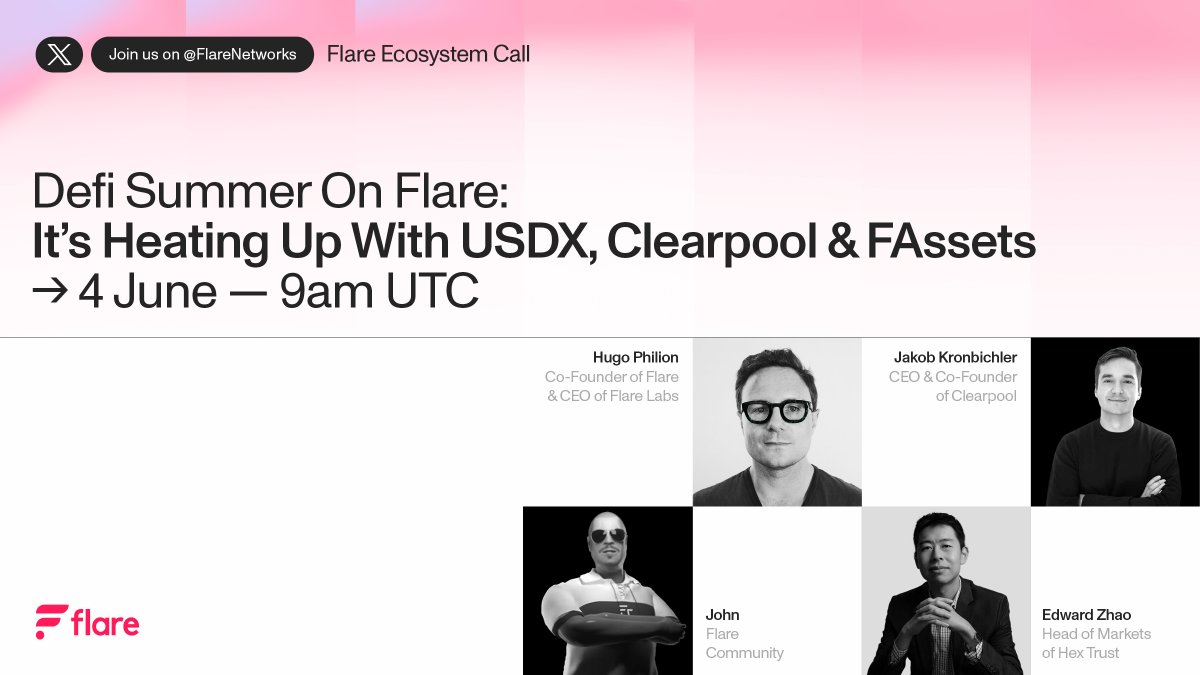DeFi Summer on Flare ☀️ Join our @X Space on 4 Jun at 9AM UTC to discuss: • $USDX (Flare's 1st stablecoin) & @ClearpoolFin T-Pool • How they power FAssets & DeFi growth with @jkronbichler, @etothezed & @HugoPhilion. Hosted by @CommunityFlare 🫡 x.com/i/spaces/1ynjo…
