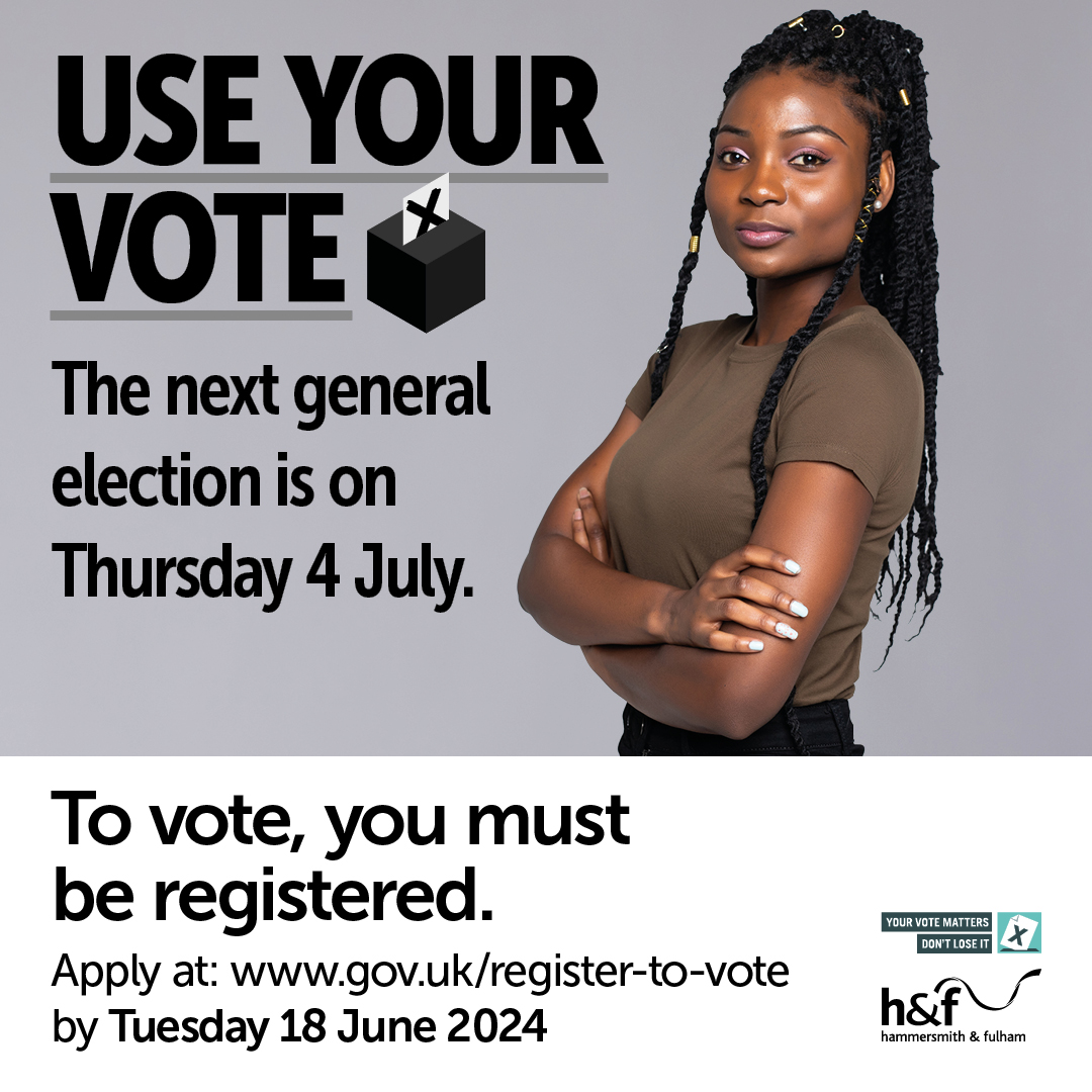 🚨 You need to be registered by 18 June in order to vote in July's general election. Registering is quick and easy. All the info you need on how to register, as well as applying for postal and proxy votes, is here: lbhf.gov.uk/news/2024/05/r…