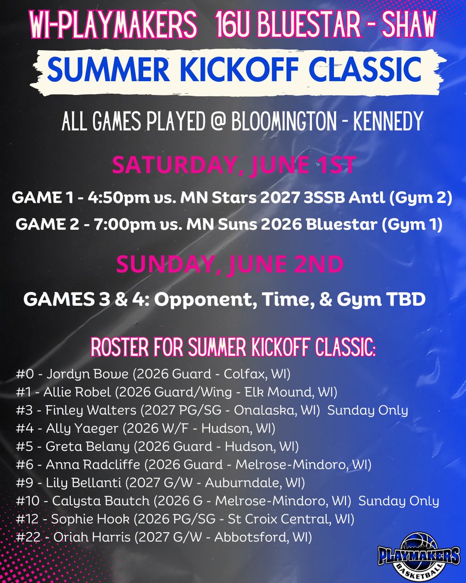 WI Playmakers 14u Rising Bluestar (@playmkrs14urb) on Twitter photo 🚨June Starts Now! 👀 us in Bloomington, MN!
2026’s: <a href="/allierobel_26/">Allie Robel</a> <a href="/sophiehookk/">Sophie Hook</a> <a href="/ally_yaeger/">ALLY YAEGER</a> <a href="/gretabelany5/">Greta Belany</a> Jordyn Bowe Anna Radcliffe Calysta Bautch
2027’s: <a href="/BellantiLily/">Lily Bellanti</a> <a href="/OriahHarris/">Oriah Harris</a> Finley Walters
<a href="/Shaw_Playmakers/">Coach Aaron</a> <a href="/playmkrsgirls/">Wisconsin Playmakers</a> <a href="/Coach_Peplinski/">Coach Pep</a> 🚨June Starts Now! 👀 us in Bloomington, MN!
2026’s: <a href="/allierobel_26/">Allie Robel</a> <a href="/sophiehookk/">Sophie Hook</a> <a href="/ally_yaeger/">ALLY YAEGER</a> <a href="/gretabelany5/">Greta Belany</a> Jordyn Bowe Anna Radcliffe Calysta Bautch
2027’s: <a href="/BellantiLily/">Lily Bellanti</a> <a href="/OriahHarris/">Oriah Harris</a> Finley Walters
<a href="/Shaw_Playmakers/">Coach Aaron</a> <a href="/playmkrsgirls/">Wisconsin Playmakers</a> <a href="/Coach_Peplinski/">Coach Pep</a>