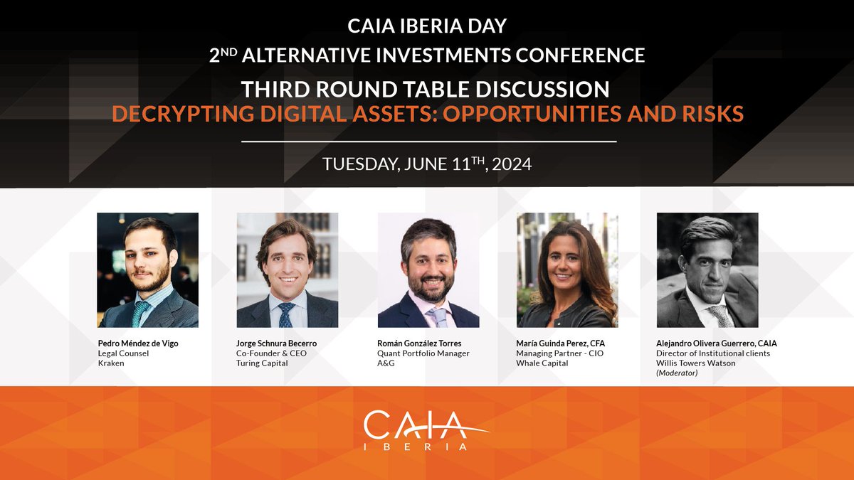 I am delighted to join the @CAIAAssociation Chapter Iberia roundtable to address some challenges of the #investment industry. A panel to explore trends and tech transforming #digitalassets. Do not miss this chance to stay updated and and take advantage of financial innovations.
