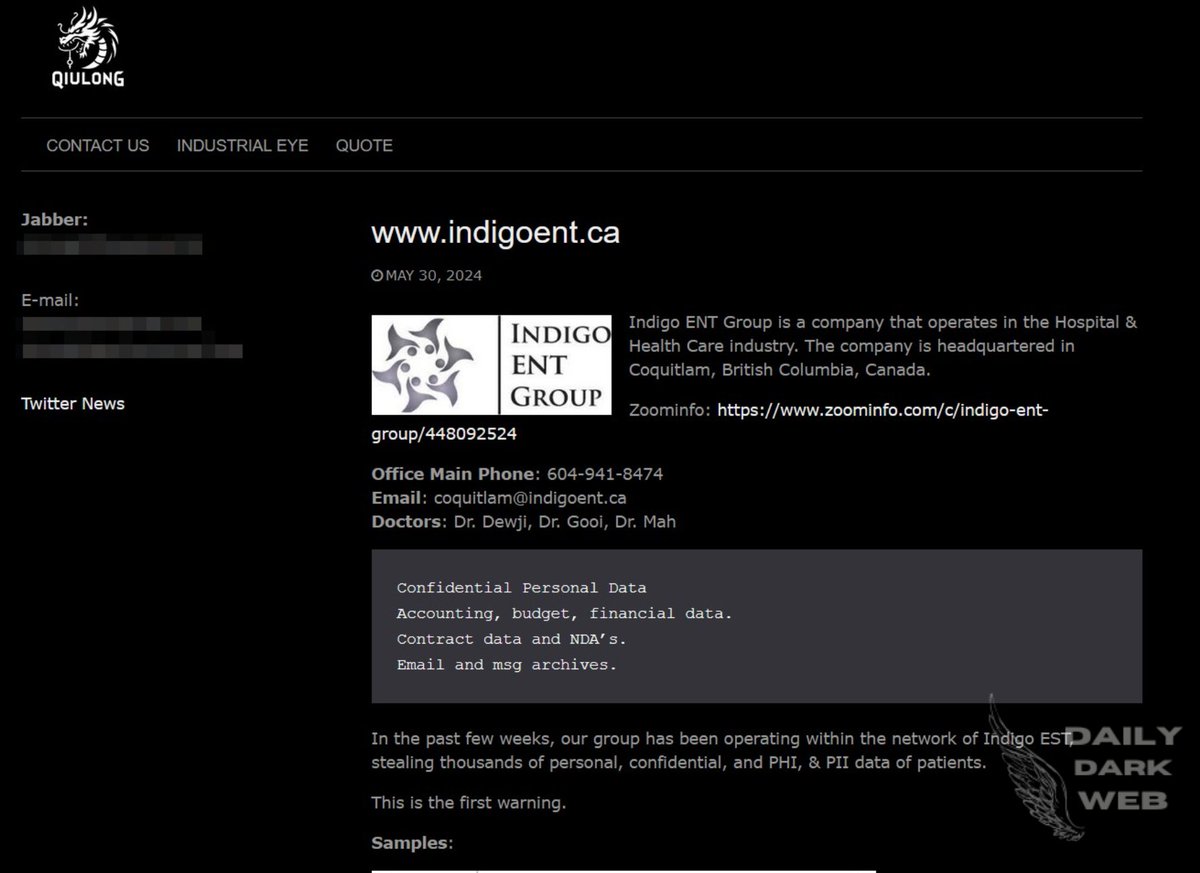 #Canada - Qiulong Ransomware Group Claims Breach of Indigo ENT Group, Exposes Sensitive Data

Link: dailydarkweb.net/qiulong-ransom…

#DarkWeb #IndigoENTGroup #ransomware #Qiulong #cybersecuritynews #Healthcare