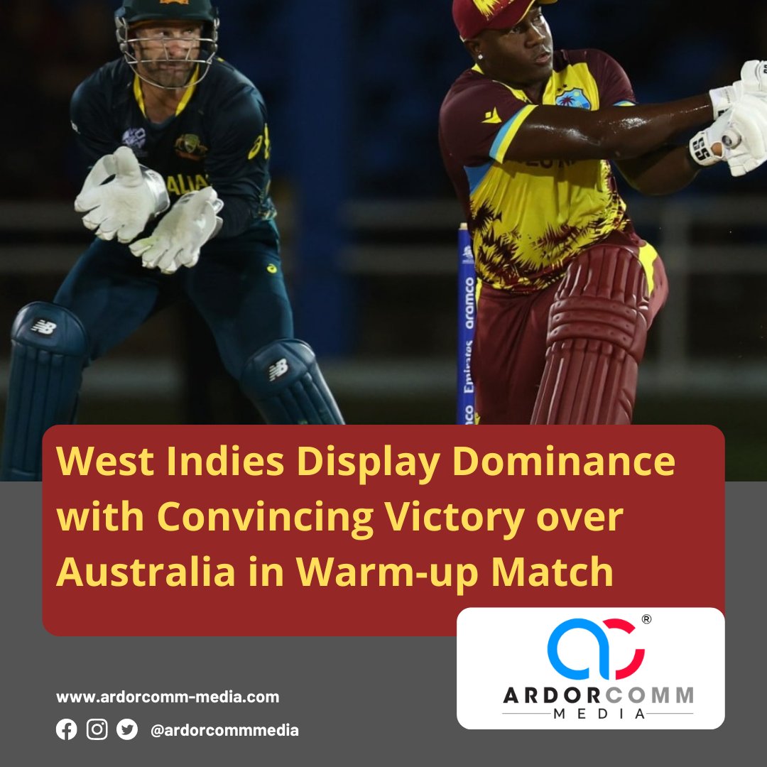 West Indies Display Dominance with Convincing Victory over Australia in Warm-up Match - By ArdorComm News Network

To Know More- ardorcomm-media.com/west-indies-di…

#ArdorComm #ArdorCommNews #ArdorCommMediaNews #ArdorCommMedia #WestIndiesCricket #AustraliaCricket #CricketMatch #SportsNews