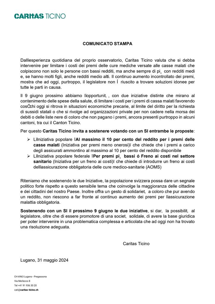 #votazioni del 9.6.2024
#Caritas Ticino invita a votare SI ai due temi sul contenimento dei costi della#salute