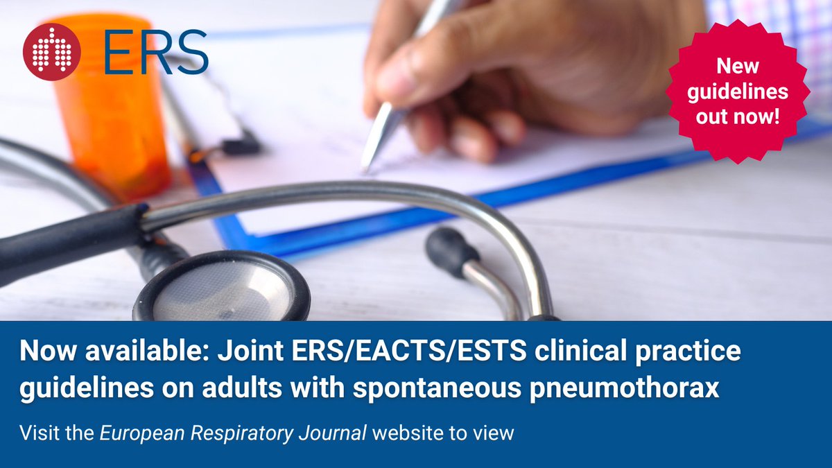 📖 The joint ERS, <a href="/EACTS/">EACTS</a> and <a href="/thoracic/">ESTS</a> clinical practice guidelines on adults with spontaneous pneumothorax are now available via the European Respiratory Journal – visit the ERJ website to view: erj.ersjournals.com/content/63/5/2…