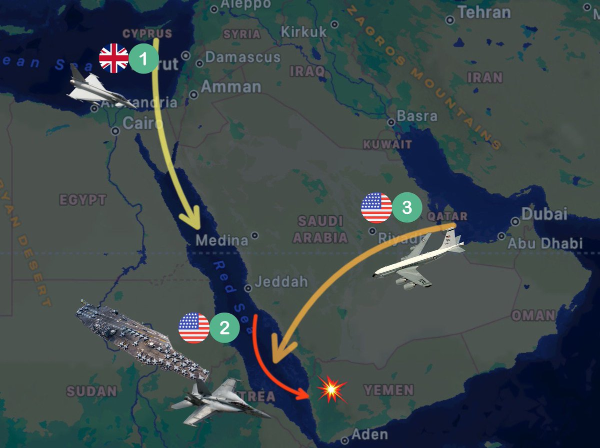 British & American strikes on Yemen killed 16 & injured 41.

🇬🇧 UK RAF Typhoons Fighter Jets took off from Akrotiri, Cyprus 🇨🇾

🇺🇸 US Fighter Jets took off from USS Eisenhower.

🇺🇸 US Reconaissance Aircraft took off from Al Udeid, Qatar 🇶🇦 

Airspace of Egypt 🇪🇬 & Saudi Arabia 🇸🇦
