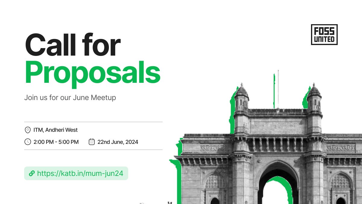 📢 It's been a while, but we're back with the June edition of FOSS Mumbai!

Inviting all tech and FOSS enthusiasts to share their ideas by submitting proposals for talks, workshops and discussions!

CFPs are open!

fossunited.org/events/mum-jun…

#FOSSMeetupMumbai #MayEdition2024