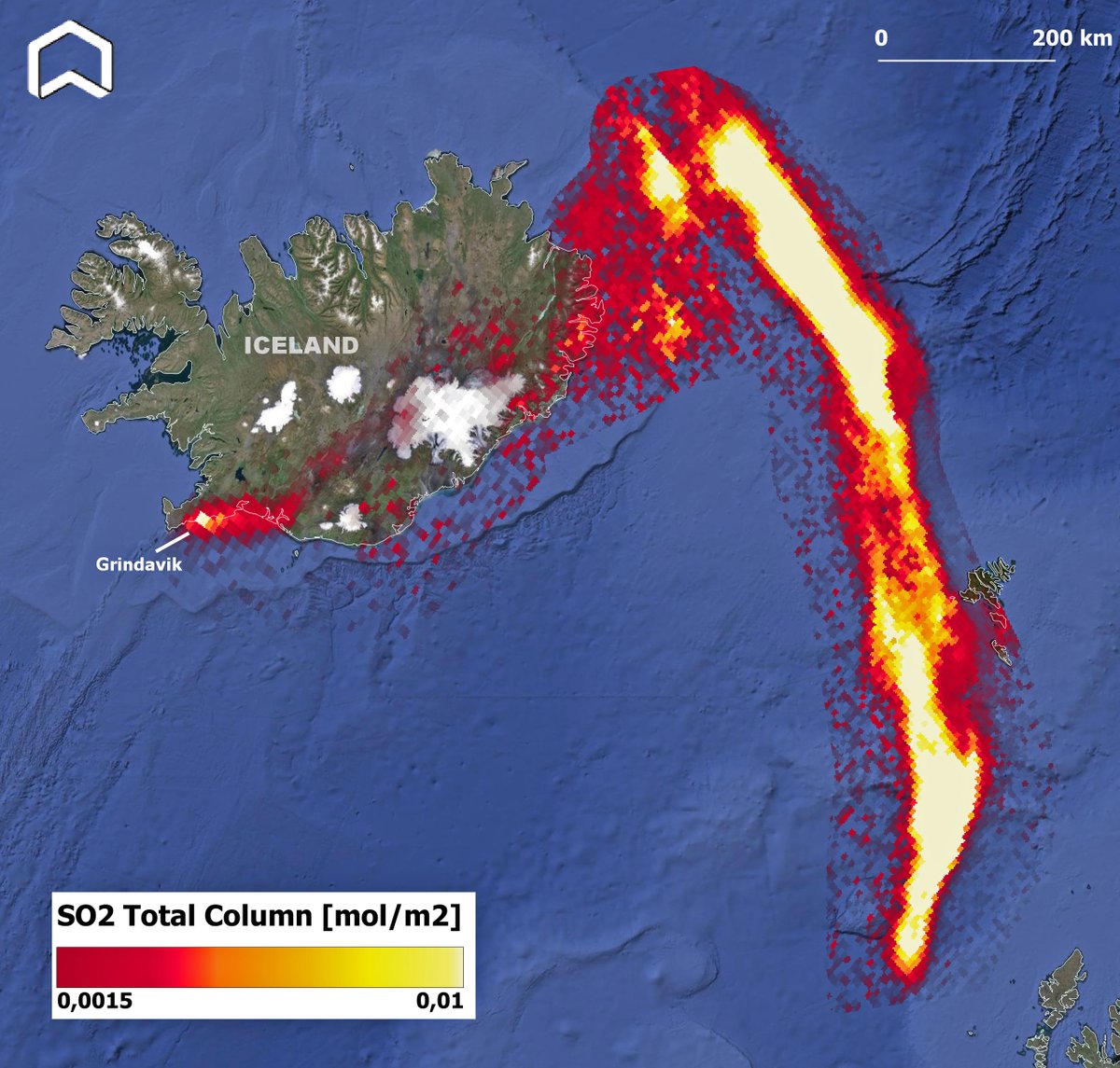 The ongoing eruption of #Grindavik #volcano seen from space.
The #Copernicus #Sentinel5p map detected on May 30th shows the plume of SO2 released by the last eruption moving Eastward. #iceland #reykjanes  #tropomi 
@wmo @infomitigasi