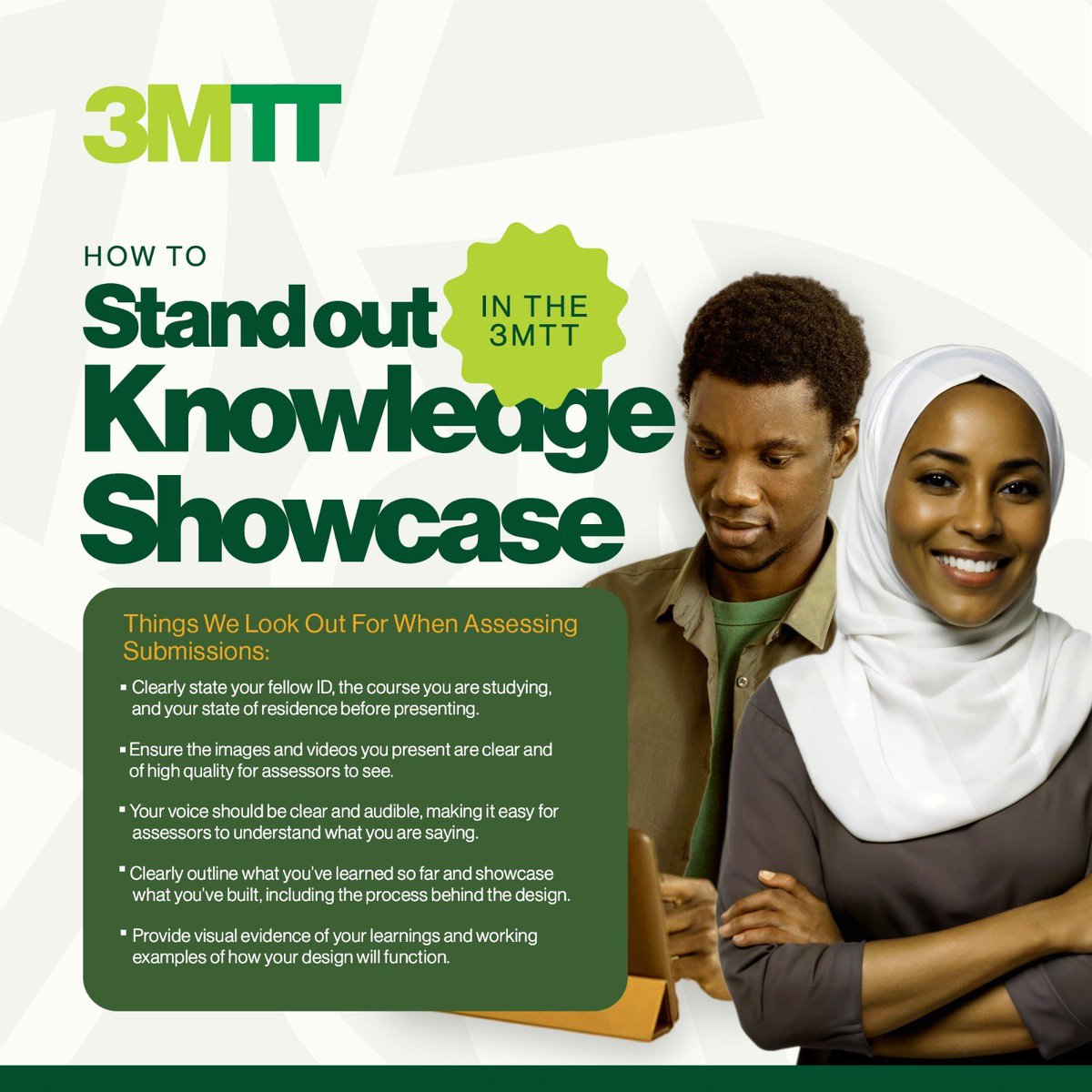 Important Notice for Cohort 2 📣: We want to ensure your submissions for the #3MTTKnowledgeShowcase meet the selection criteria. Here are some key tips to help you stand out!👇🏽

Good luck, and we can't wait to see your amazing entries in forthcoming editions! 
#My3MTT