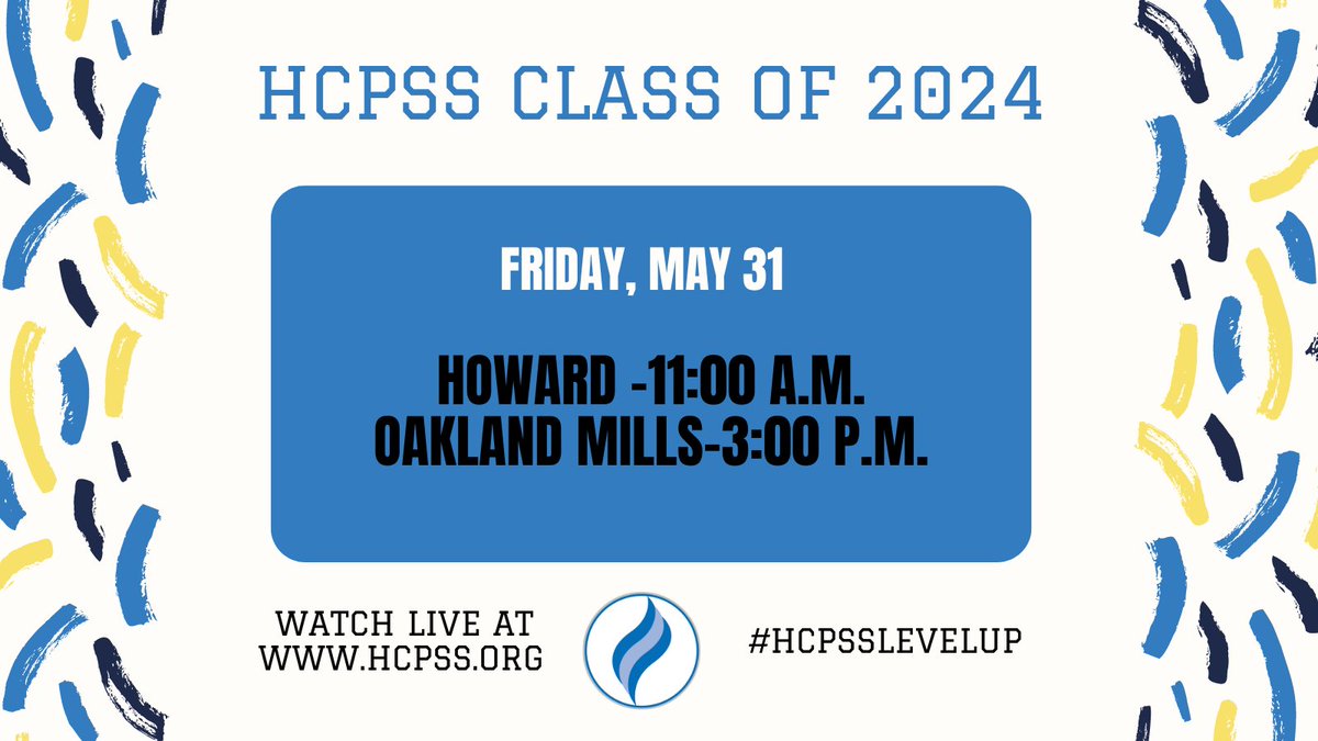 HCPSS (@hcpss) on Twitter photo Our last two #ClassOf2024 graduations! We have <a href="/hcpss_hohs/">Howard High School</a> at 11 a.m. and <a href="/hcpss_omhs/">Oakland Mills HS</a> at 3 p.m. Watch online at hcpss.org. #HCPSSLevelUp #CelebrateHCPSS Our last two #ClassOf2024 graduations! We have <a href="/hcpss_hohs/">Howard High School</a> at 11 a.m. and <a href="/hcpss_omhs/">Oakland Mills HS</a> at 3 p.m. Watch online at hcpss.org. #HCPSSLevelUp #CelebrateHCPSS