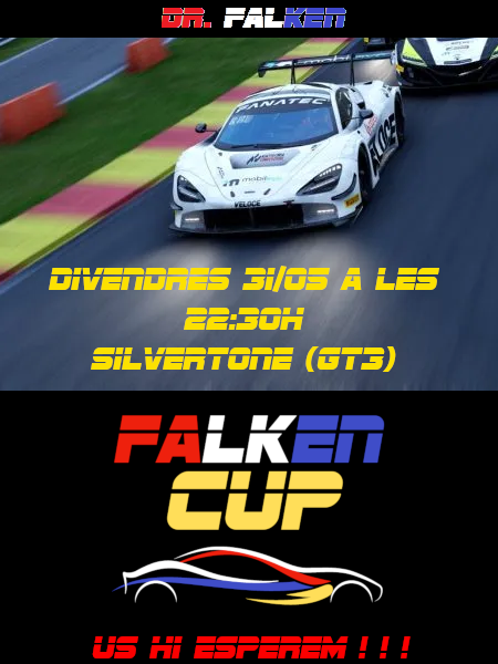 DrFalken (@drfalken1976) on Twitter photo Avui penúltima cursa de la #FalkenCUP a les 22:30h!
Us esperem a Silverstone!
Ens podeu seguir via Twitch twitch.tv/DrFalken
Agraïments als nostres patrocinadors <a href="/Tulsafs/">Tulsà, fruits secs</a> i <a href="/JocCreuat/">Joc Creuat</a> Avui penúltima cursa de la #FalkenCUP a les 22:30h!
Us esperem a Silverstone!
Ens podeu seguir via Twitch twitch.tv/DrFalken
Agraïments als nostres patrocinadors <a href="/Tulsafs/">Tulsà, fruits secs</a> i <a href="/JocCreuat/">Joc Creuat</a>