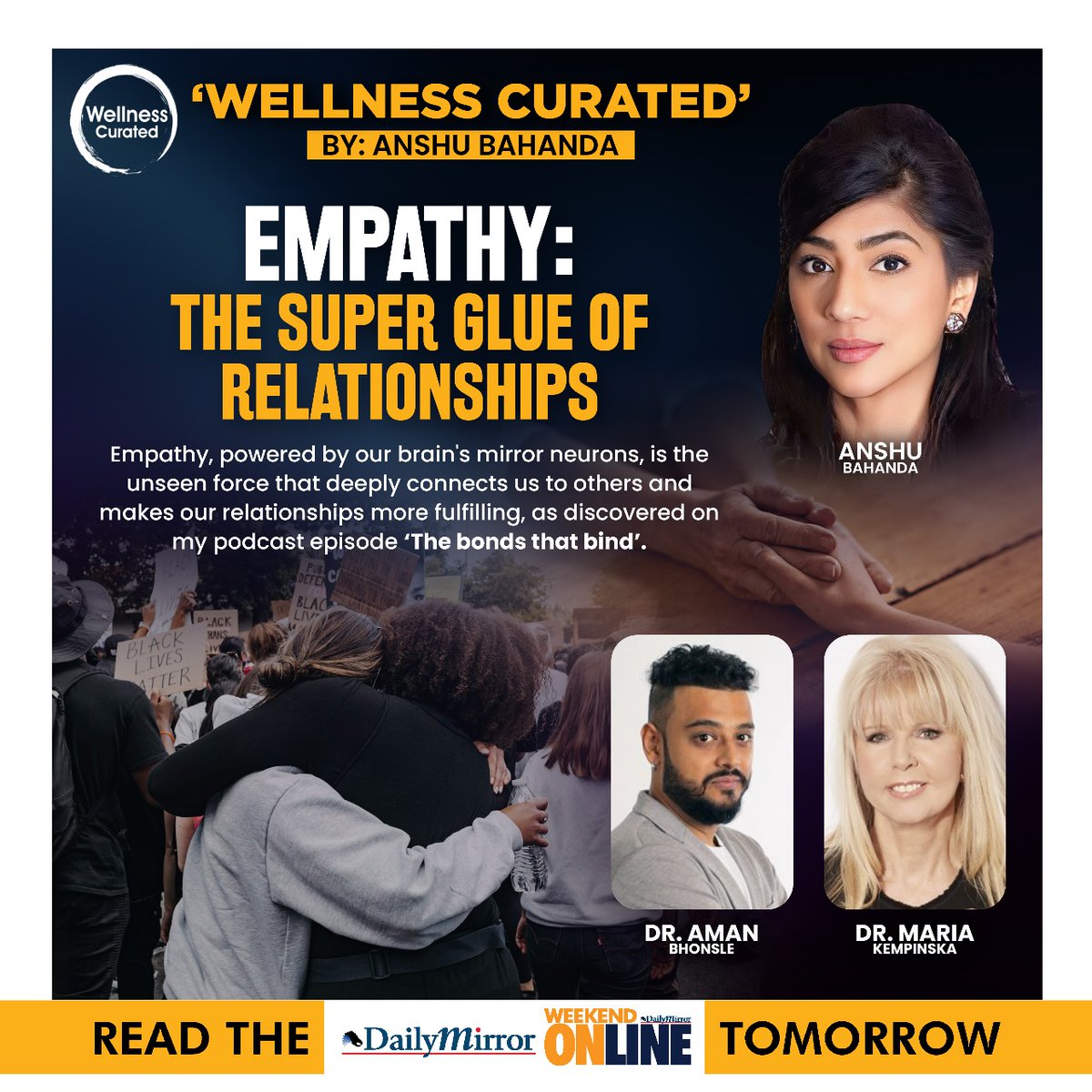 Dailymirror_SL's tweet photo. 'Wellness Curated'
Empathy: The Super Glue of Relationships
By: Anshu Bahanda
Read the Full Article Tomorrow - The Weekend Online, Daily Mirror.
#WellnessCurated #AnshuBahanda #Empathy #Relationships #Wellness #EmotionalHealth #RelationshipAdvice #MentalWellbeing #Compassion #DailyMirrorOnline #DailyMirror #WeekendOnline #Colombo #SriLanka