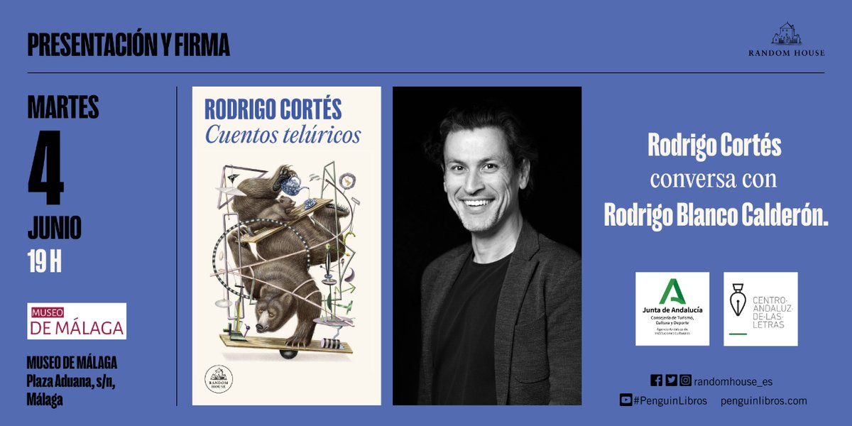 ¡Málaga! La semana que viene presentamos los 'Cuentos telúricos' de @rodrigocortes con @atajoslargos. 📍Museo de Málaga 🗓️ 4 de junio  🕢 19 H  Os esperamos.