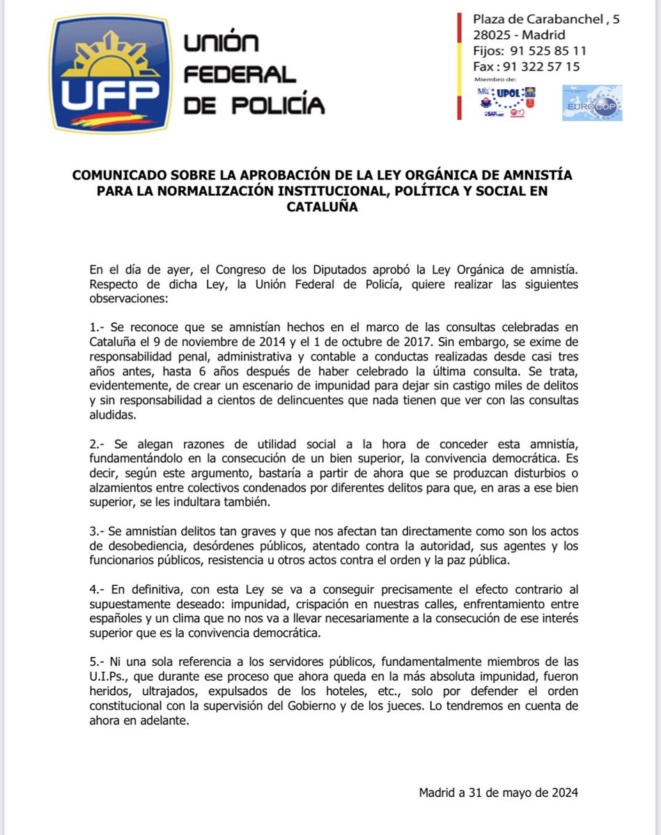 🔴#UFP COMUNICADOS:
#UFP sobre la #LeyAmnistia