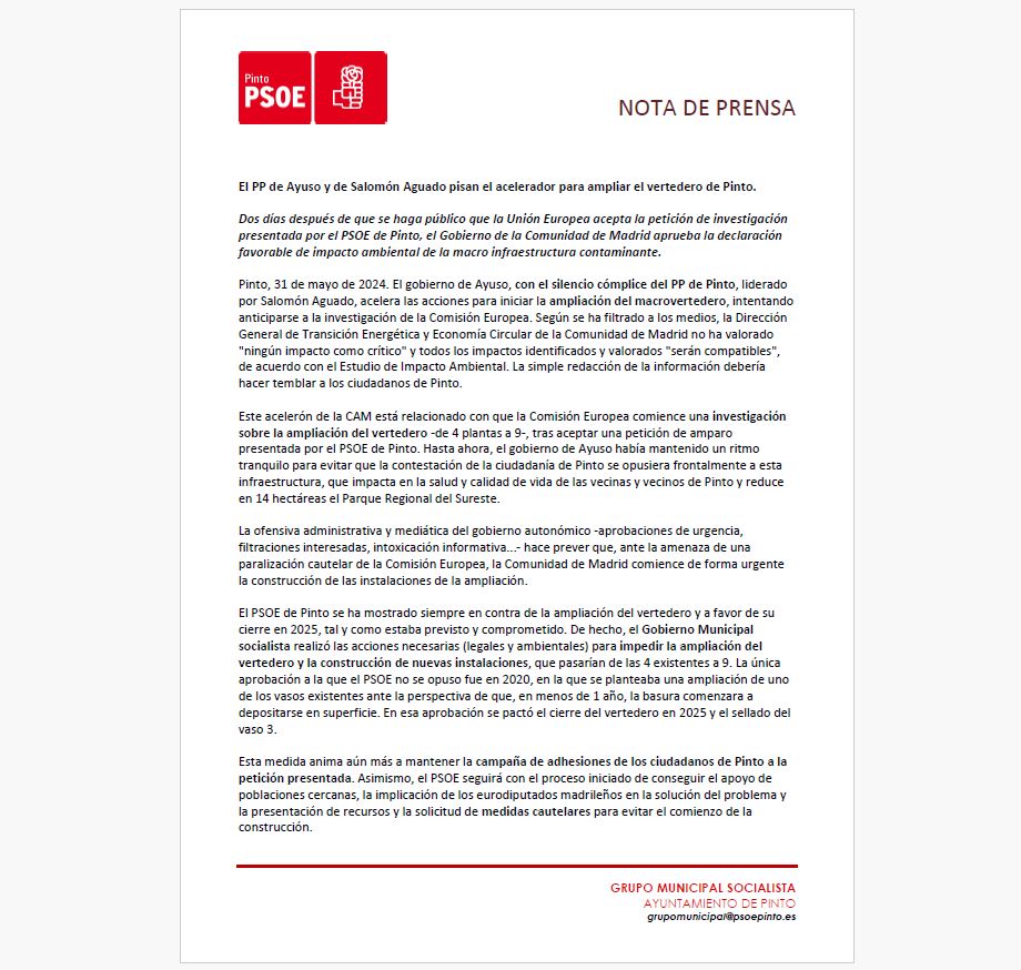 El PP de Ayuso y de Salomón Aguado pisan el acelerador para ampliar el vertedero de Pinto ante la aceptación de la solicitud de amparo presentada por Diego Ortiz, portavoz de PSOE Pinto, para la investigación contra la ampliación del #vertedero.