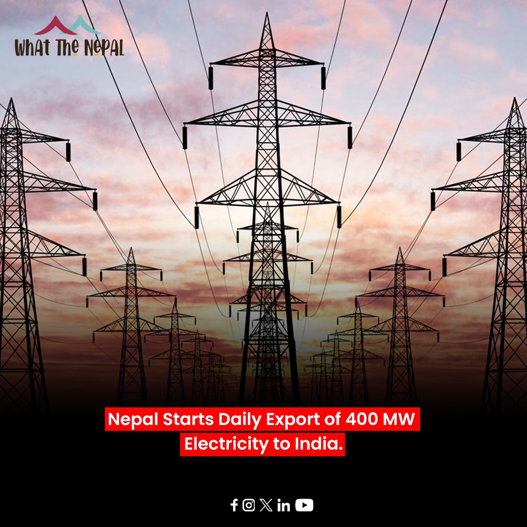 🇳🇵𝐍𝐞𝐩𝐚𝐥 𝐒𝐭𝐚𝐫𝐭𝐬 𝐃𝐚𝐢𝐥𝐲 𝐄𝐱𝐩𝐨𝐫𝐭 𝐨𝐟 𝟒𝟎𝟎 𝐌𝐖 𝐄𝐥𝐞𝐜𝐭𝐫𝐢𝐜𝐢𝐭𝐲 𝐭𝐨 𝐈𝐧𝐝𝐢𝐚 🇳🇵

Read more: whatthenepal.com/2024/05/31/nep…

#Nepal #Hydropower #ElectricityExport #India #GreenEnergy #BilateralProsperity #Whatthenepal