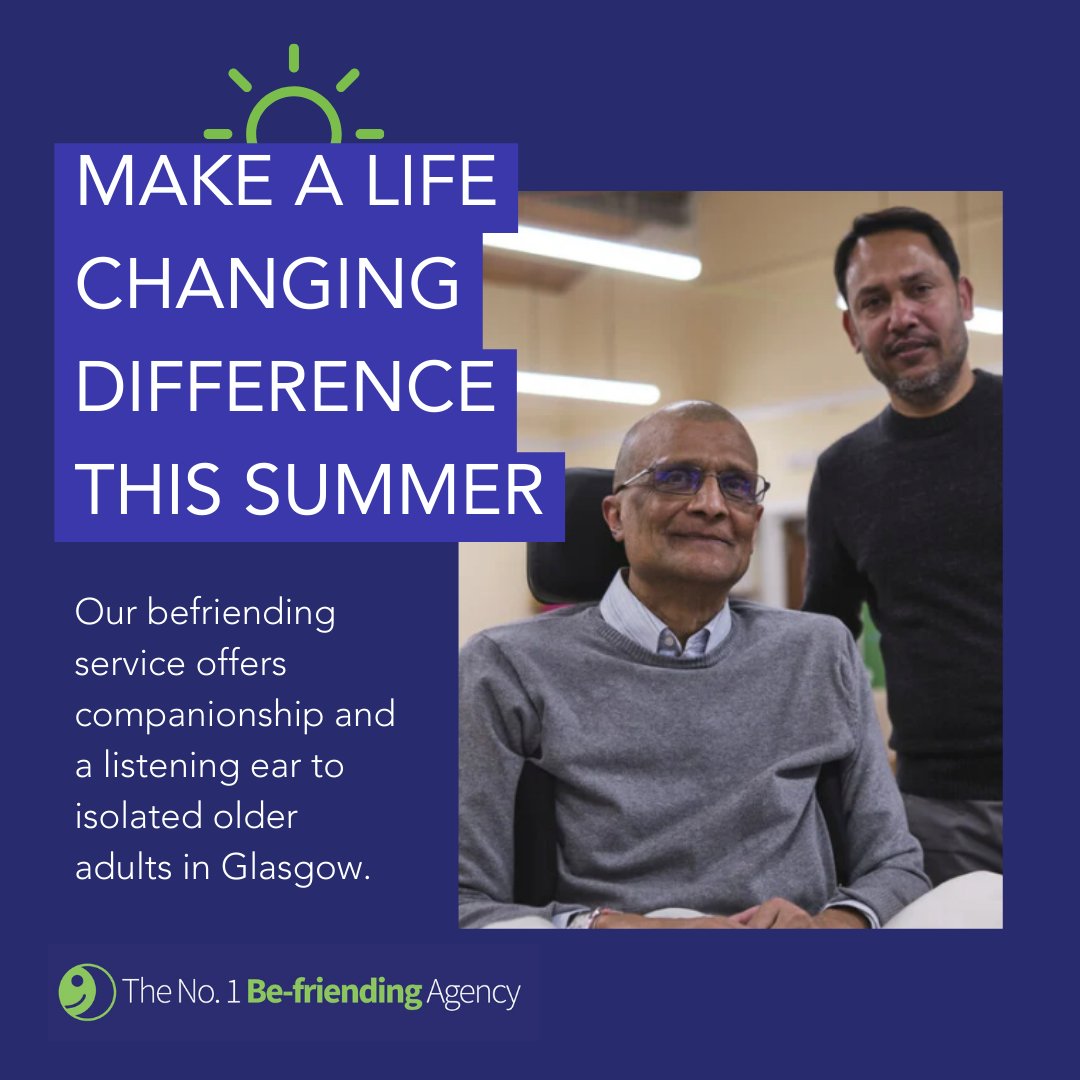 Happy Friday! 🌞 Summer is the perfect time to make a difference in your community. Our befriending service offers companionship to isolated older adults in Glasgow. Ready to create lasting memories and make a genuine impact? Volunteer with us! befriend.org.uk