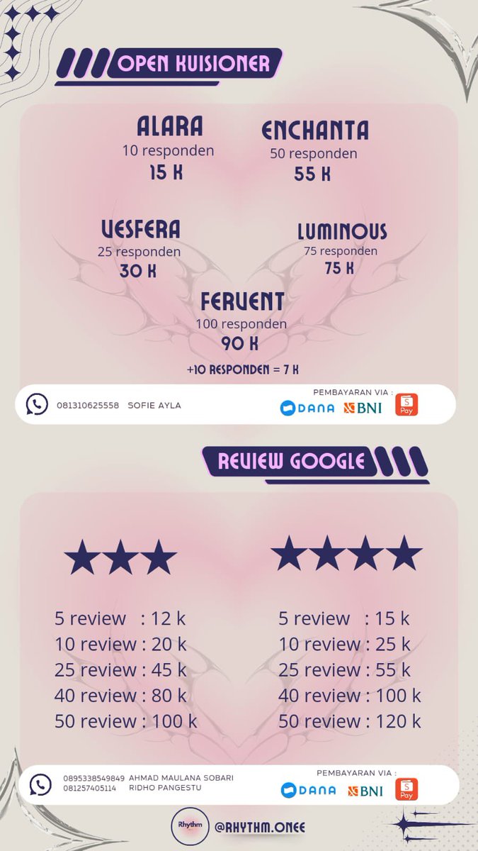 RhythmOne's tweet photo. @convomf JASA ISI KUESIONERNYA KAKA🥰

📌 REAL HUMAN
📌 TERPERCAYA
📌 PENGERJAAN CEPAT
📌 HARGA TERJANGKAU
📌 DIKERJAKAN OLEH TIM DAN TIDAK ASAL-ASALAN https://t.co/57tDireWH7