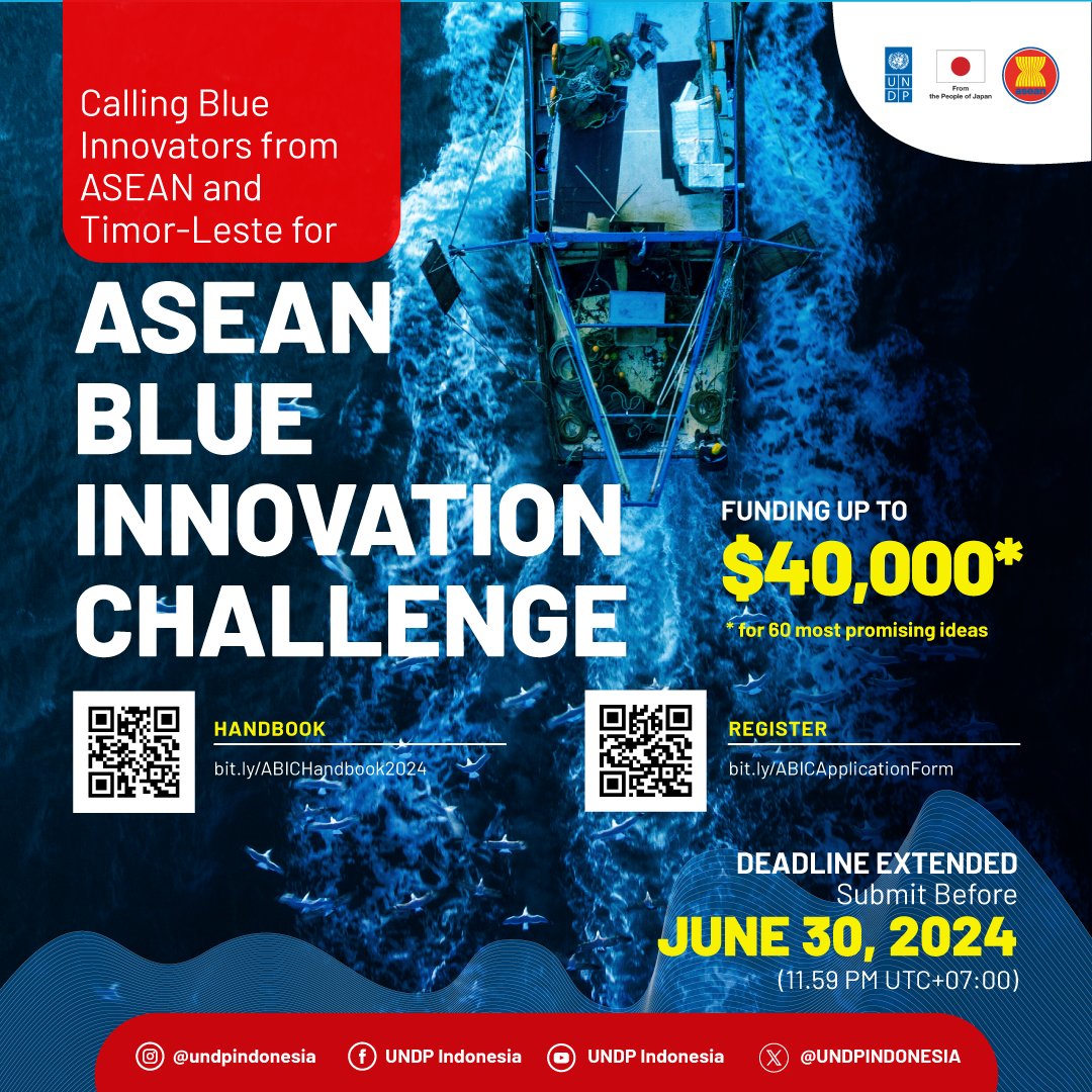 We acknowledge the vast potential of the blue economy. One ongoing initiative we currently hold in ASEAN and Timor-Leste, is the Blue Innovation Challenge! The deadline to submit your ideas has been extended until June 30th! Apply now 👉🏾 bit.ly/ABICApplicatio…