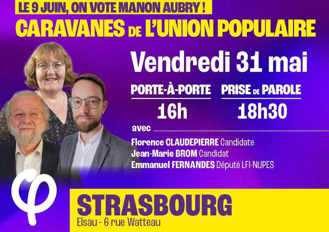 🔴 Aujourd'hui, caravane de l'union populaire à l'#Elsau !

➡️Rendez-vous au 6 rue Watteau à partir de 16h pour un porte à porte à géant.

➡️18h30 barbecue populaire et prise de parole des candidat.es et d'Emmanuel Fernandes.

#strasbourg #unionpopulaire #9juin2024