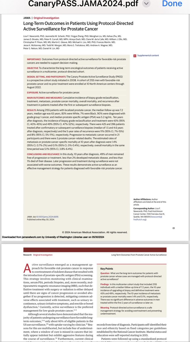 Congrats to my dear colleague & brilliant leader @DanLinMD @uwurology @fredhutch & his team for seminal work on evaluating active surveillance in favorable risk #prostatecancer from Canary PASS! @JessicaHawleyMD @spsutkaMD @HsiehLab @HutchPresident @yawnyame @ClaireDlc @PCFnews