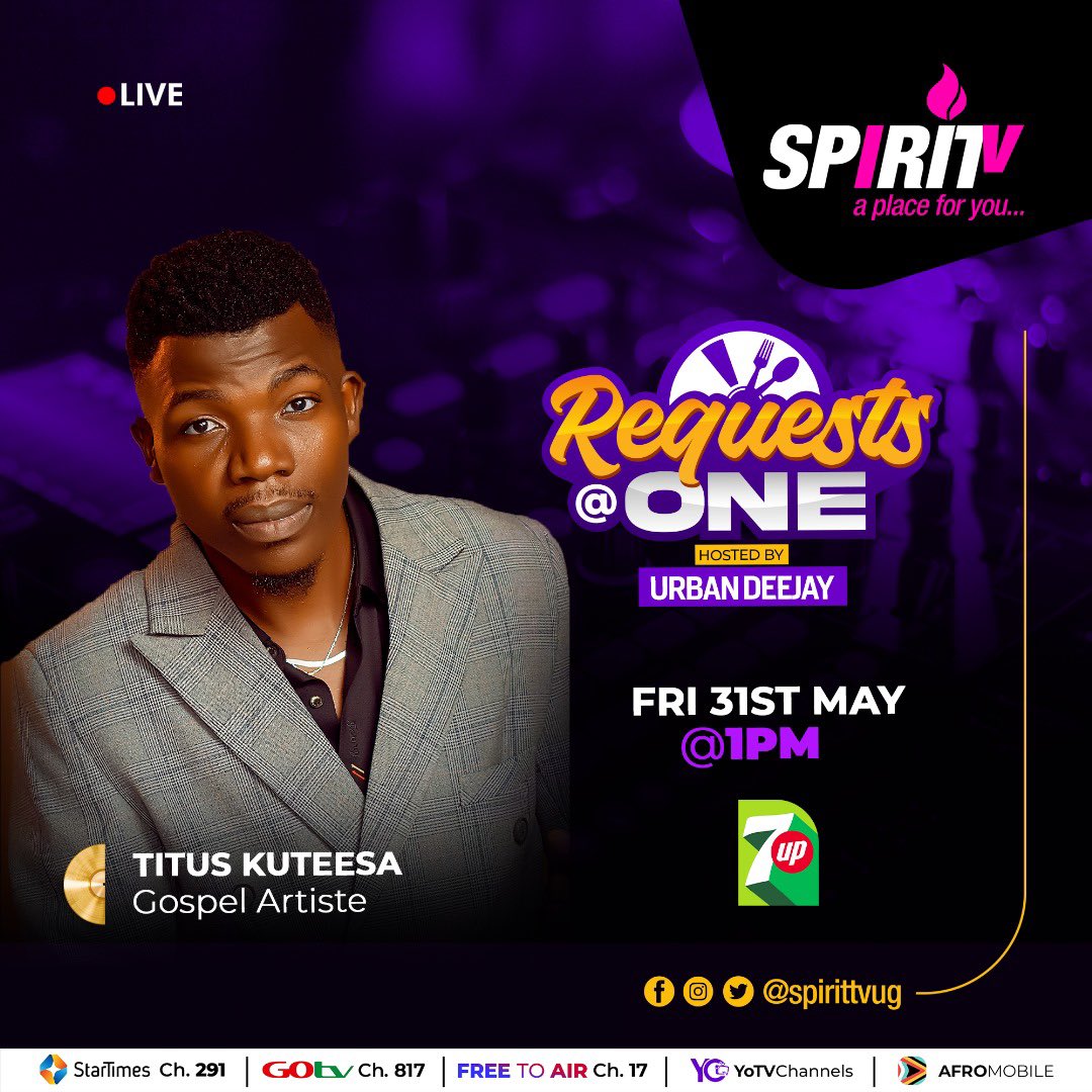 spirittvug's tweet photo. It’s a Friday and the party starts from here👯♀️tune to #Requets@One with @URBANDJAY joined by amazing ministers in the Kingdom of God @kajambiyamusic, @KuteesaTitus and @ashy_warrior .
#SpiritTV | #APlaceForYou https://t.co/UDfRpJITr4