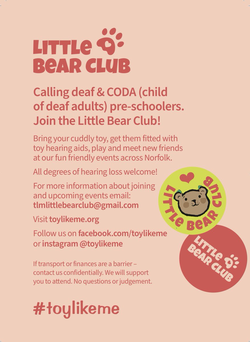 Exciting new club for #deaf and #CODA pre-school children in #Norfolk The #LittleBearClub is launching on Saturday 6th July in Tots Town, Norwich. For more information you can contact tlmlittlebearclub@gmail.com or find them at @toylikeme #ToyLikeMe #FridayFeeling