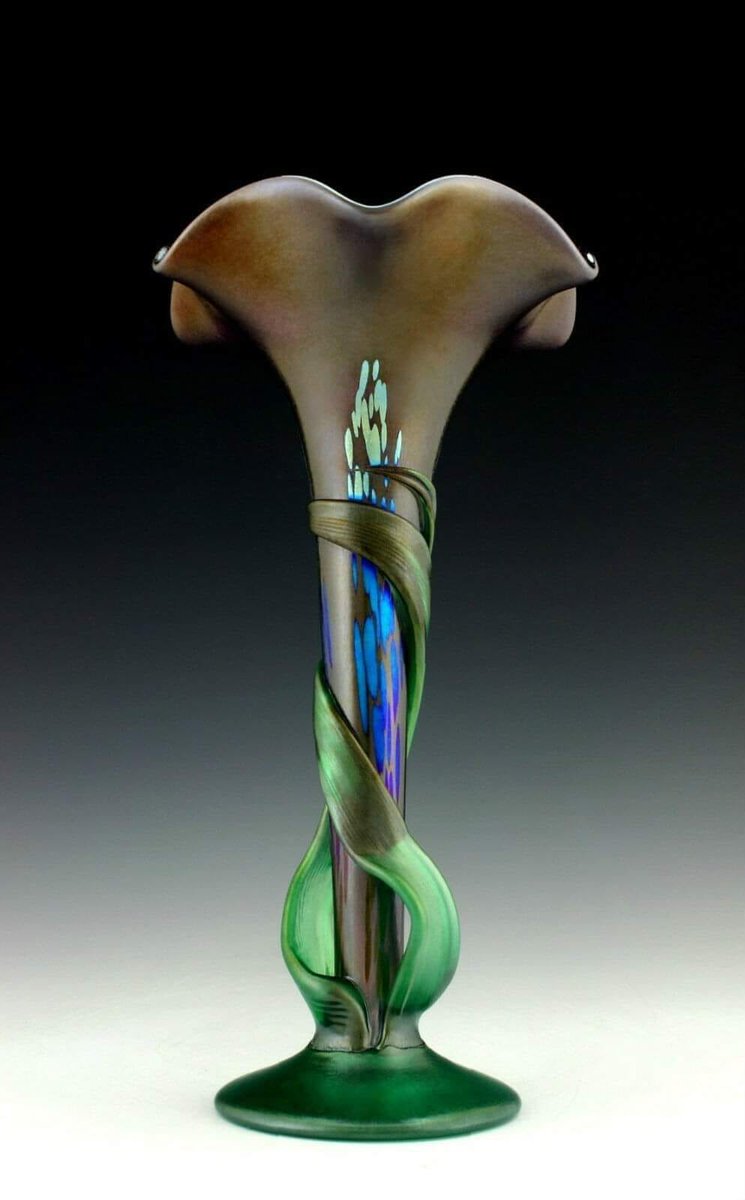Bohemian Art Nouveau iridescent tall glass vase. I wasn't able to find the artist's name. Early 1900s.