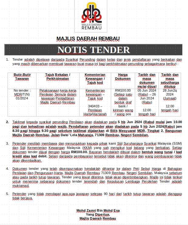 MDRembau's tweet photo. : IKLAN TENDER PELAKSANAAN KERJA-KERJA PENILAIAN SEMULA DALAM KAWASAN PENTADBIRAN MDR :: https://t.co/KelF3RWcZT