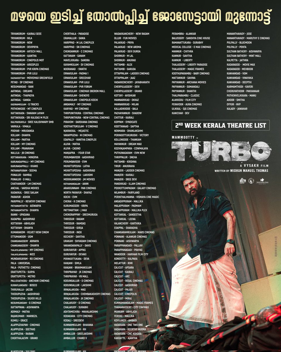 മഴയെ ഇടിച്ചു തോൽപിച്ചു ജോസേട്ടായി മുന്നോട്ട് 🔥👊 

#Turbo Second Week Kerala Theatre List !!

@mammukka @MKampanyOffl
#Mammootty #MammoottyKampany #WayfarerFilms  #TurboMovie