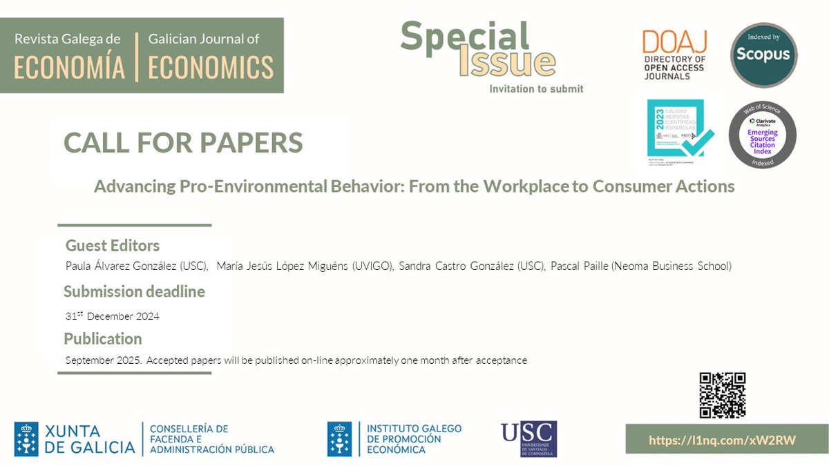 Anunciamos un novo número especial para 2025! #RGE  <a href="/EcoAdeUSC/">Facultade de Ciencias Económicas e Empresariais</a>

Avanzando no comportamento proambiental: desde o lugar de traballo até as accións do consumidor

Agardamos as vosas propostas até o 31 de decembro de 2024