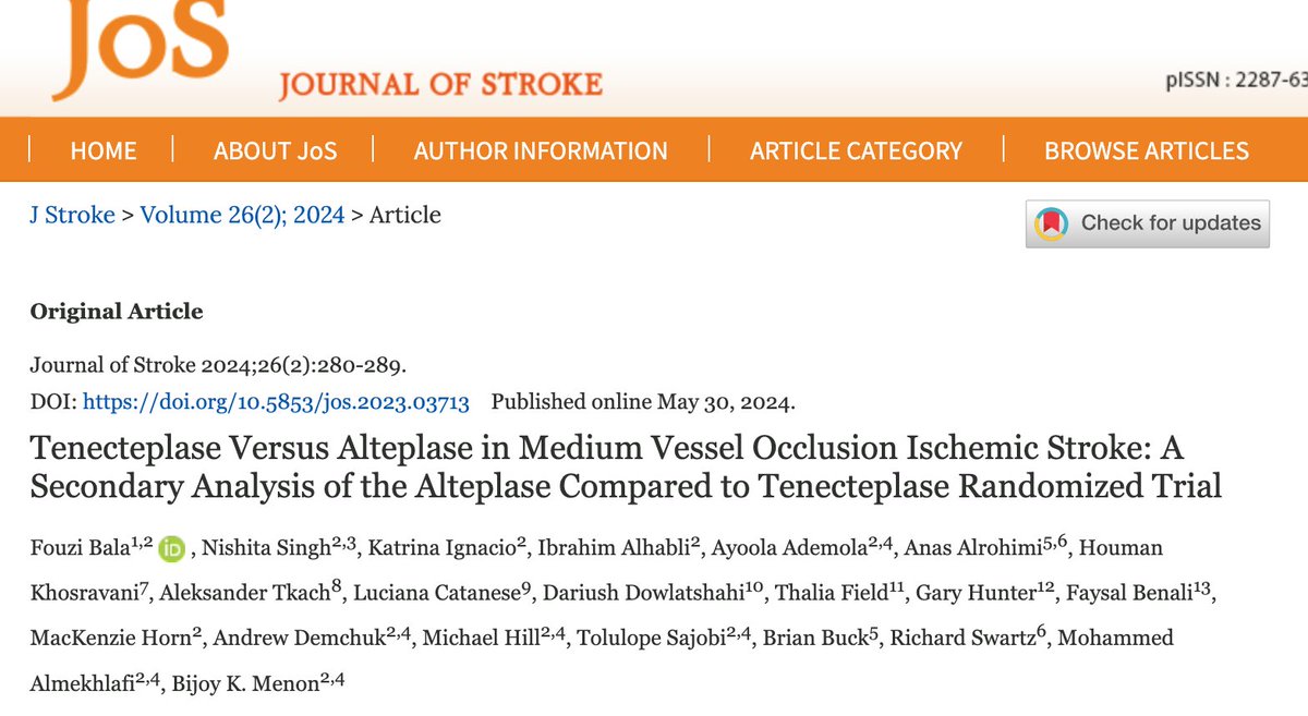 Fouzi Bala (@fouzibala) on Twitter photo Wondering what is the effect of TNK vs tPA on MeVOs? Check out our paper: j-stroke.org/journal/view.p…
Similar safety, clinical outcomes and quality of life, however, TNK had better reperfusion rates than tPA
<a href="/nishita_singh3/">nishita singh</a> <a href="/Katha_MD/">Katha Ignacio</a> <a href="/bijoymenon/">Bijoy K Menon</a> <a href="/AlmekhlafiMa/">Mohammed Almekhlafi</a> <a href="/ActRrct/">AcT RRCT</a>
#stroke Wondering what is the effect of TNK vs tPA on MeVOs? Check out our paper: j-stroke.org/journal/view.p…
Similar safety, clinical outcomes and quality of life, however, TNK had better reperfusion rates than tPA
<a href="/nishita_singh3/">nishita singh</a> <a href="/Katha_MD/">Katha Ignacio</a> <a href="/bijoymenon/">Bijoy K Menon</a> <a href="/AlmekhlafiMa/">Mohammed Almekhlafi</a> <a href="/ActRrct/">AcT RRCT</a>
#stroke
