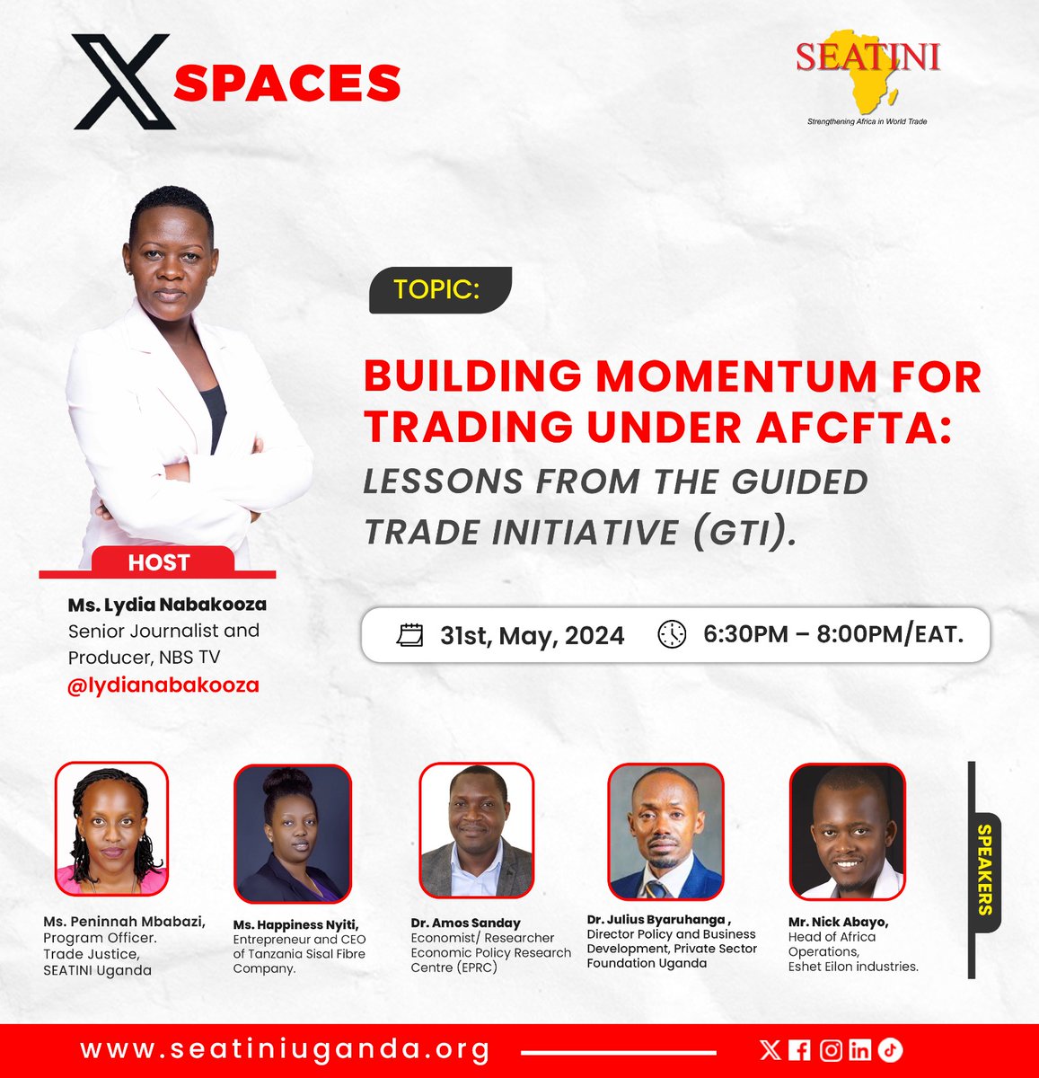 🚀🌍 Exciting SEATINI Uganda is hosting an X Space on BUILDING MOMENTUM FOR TRADING UNDER AFCFTA: LESSONS FROM THE GTI. 📅 31st May🕡 6:30 PM EAT Join key speakers from the private sector, CSOs, and dynamic women- and youth-led SMEs! 🔗bit.ly/3KkTS22 #MakeAFCFTAWork