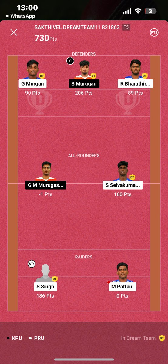 cr07messi10's tweet photo. @Dream11 @FanCode @TamilNaduPolic5 @Commission37466 @velammal_hosptl 

Sakthivel Thangavelu playing on his d11 account and in today match he got flopped by taking 0 tackles and he dropped himself in dream1 https://t.co/FbrhivFyC8