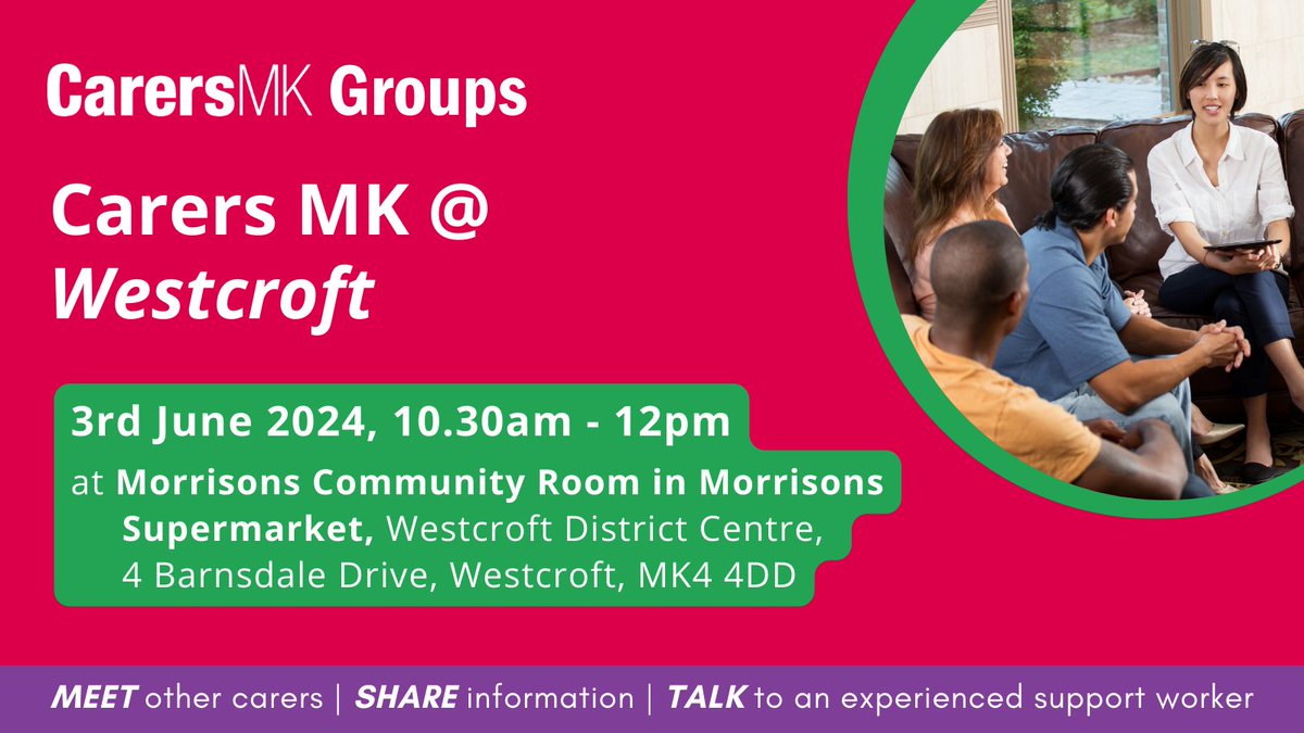 Join us at our Carers MK @ Westcroft Group and meet other carers, share information and get support from one of our experienced carer support workers.
🗓️ 3rd June 2024, 10.30am - 12pm
📍 Morrisons Community Room in Morrisons Supermarket, Westcroft, MK4 4DD