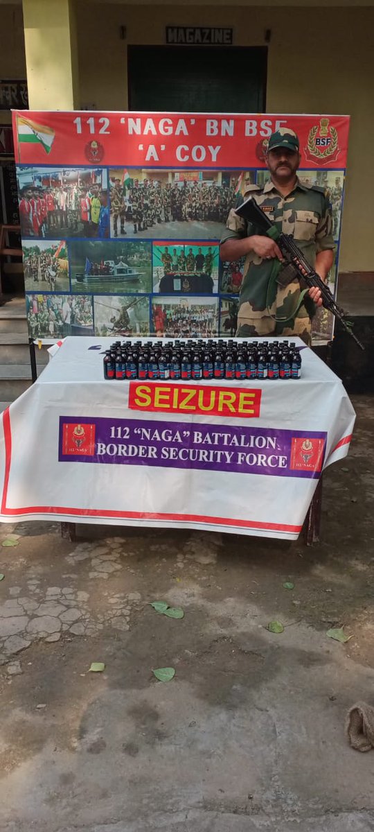 BSF_SOUTHBENGAL's tweet photo. 30.05.2024
#AlertBSF Troops @BSF_SOUTHBENGAL foiled drug smuggling attempts at the International border of West Bengal and seized 120 bottles of Phensedyl and 16 fish pin polybags(worth ₹ 4.8 Lakh),being smuggled from India to Bangladesh.
#BSFagainstDrugs
#SayNoToDrugs
#JaiHind https://t.co/Jml6UBzwld