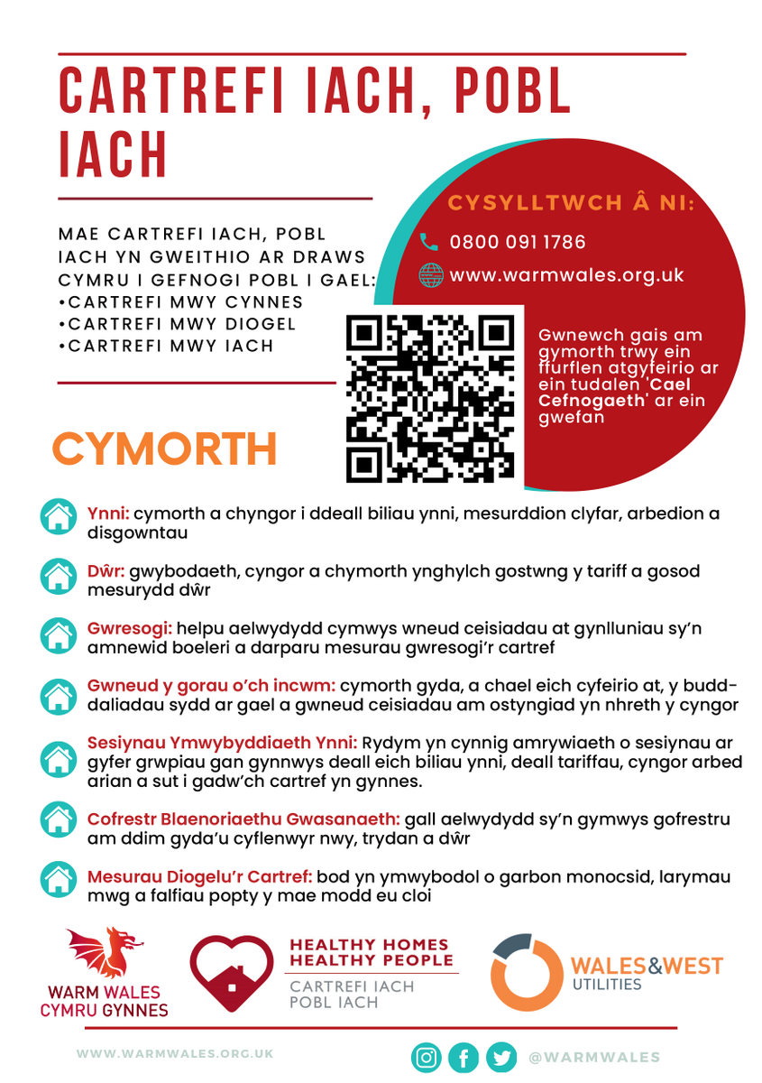 Mae cartrefi iach, pobl iach yn gweithio ar draws cymru i gefnogi pobl i gael: 💒 cartrefi mwy cynnes 🏡 cartrefi mwy diogel 🏠 cartrefi mwy iach 📞 0800 091 1786 🌐 warmwales.org.uk/cy/cartrefi-ia…