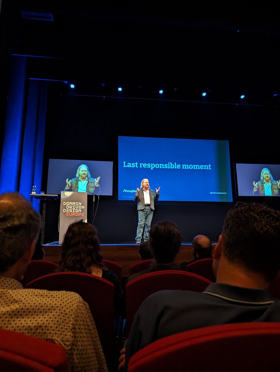 Rebecca Parsons talking about fitness functions as  means to know when the last responsible moment is for evolving  an architecture. #dddeu2024 Sounds like the most responsible moment to me.