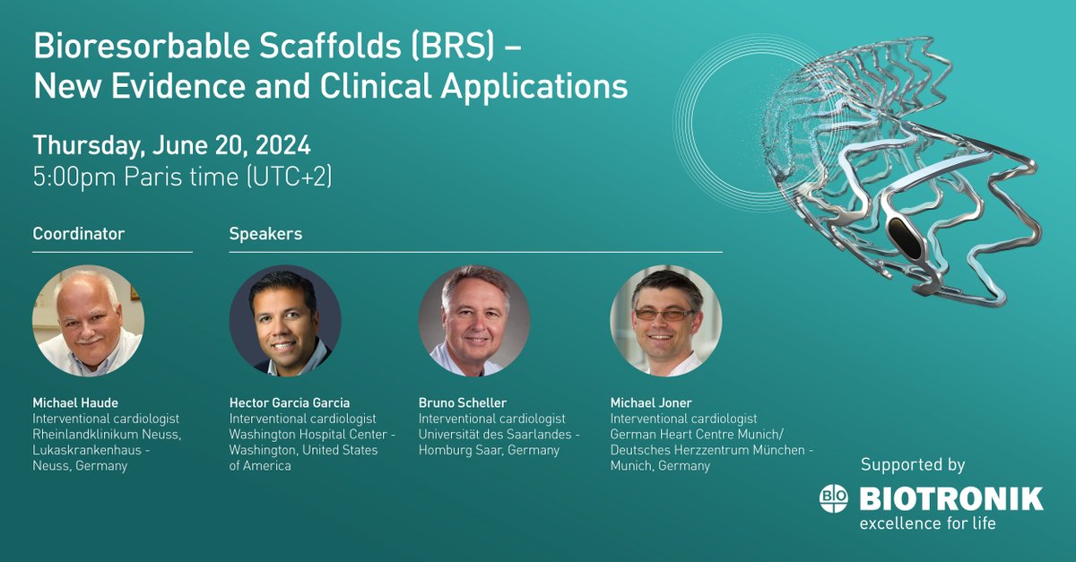 BIOTRONIK_News's tweet photo. Heads-up: the PCRonline webinar on ‘Bioresorbable Scaffolds (BRS) - New Evidence and Clinical Applications’ will take place on:
👉 Thursday, June 20, 2024 / 5:00pm Paris time (UTC+2)
👉 Register here: https://t.co/iQJfDOf5uM
#freesolve #BIOTRONIK #VI #leavelessbehind #PCI https://t.co/sgHdBvrN39