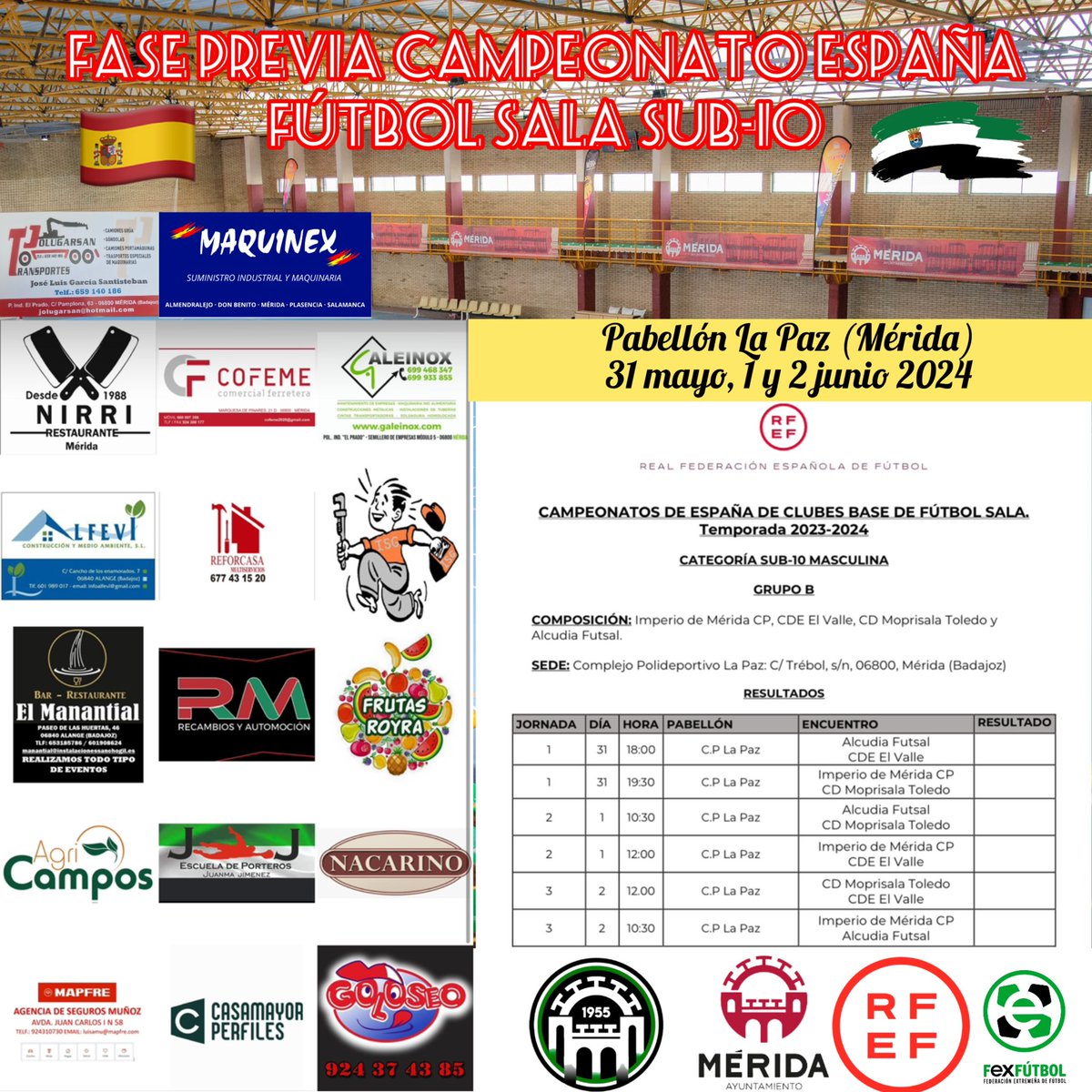 ImperioCp's tweet photo. 🚨ACTUALIZACIÓN DE HORARIOS🚨
🇪🇸FASE PREVIA CAMPEONATO DE ESPAÑA FÚTBOL SALA SUB-10⚽️
🔛Llegó el día , comienza el espectáculo 🙌🏻
Os esperamos a todos en La Paz 🫵🏻😉
AUPA IMPERIO 💪🏻🤍💚
#imperiodemeridacp
#desde1955 https://t.co/7ofsFrzyB1