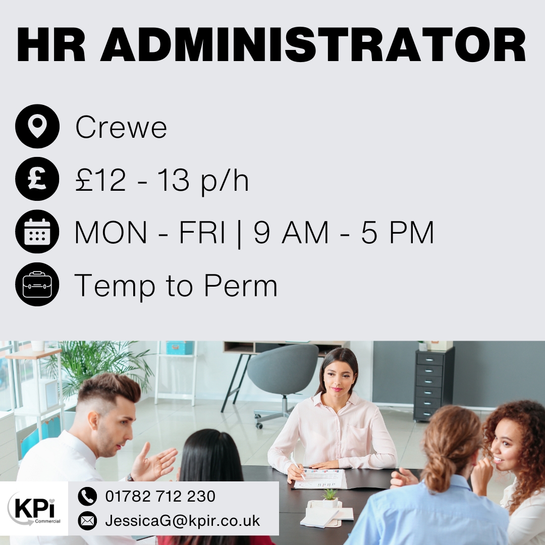 **HR ADMINISTRATOR** Crewe. £12 - £13 p/h

Visit bit.ly/HRAdmCre to find more details on this role.

Call 01782712230 or email JessicaG@kpir.co.uk to apply.

#HRAdministrator #AdministratorJobs #AdminJobs #HRJobs #HumanResourcesJobs #CreweJobs #CheshireJobs #KPIRecruiting