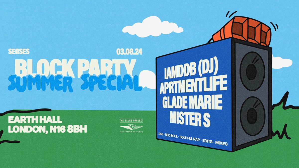 ON SALE >> SENSES Block Party Summer Special will take over @EartHackney in August featuring IAMDDB (@beeechimblind), @aprtmentlife, @GladeMarie and @djmister_s 🙌 Secure tickets 👉 metropolism.uk/VWMP50RXUH6