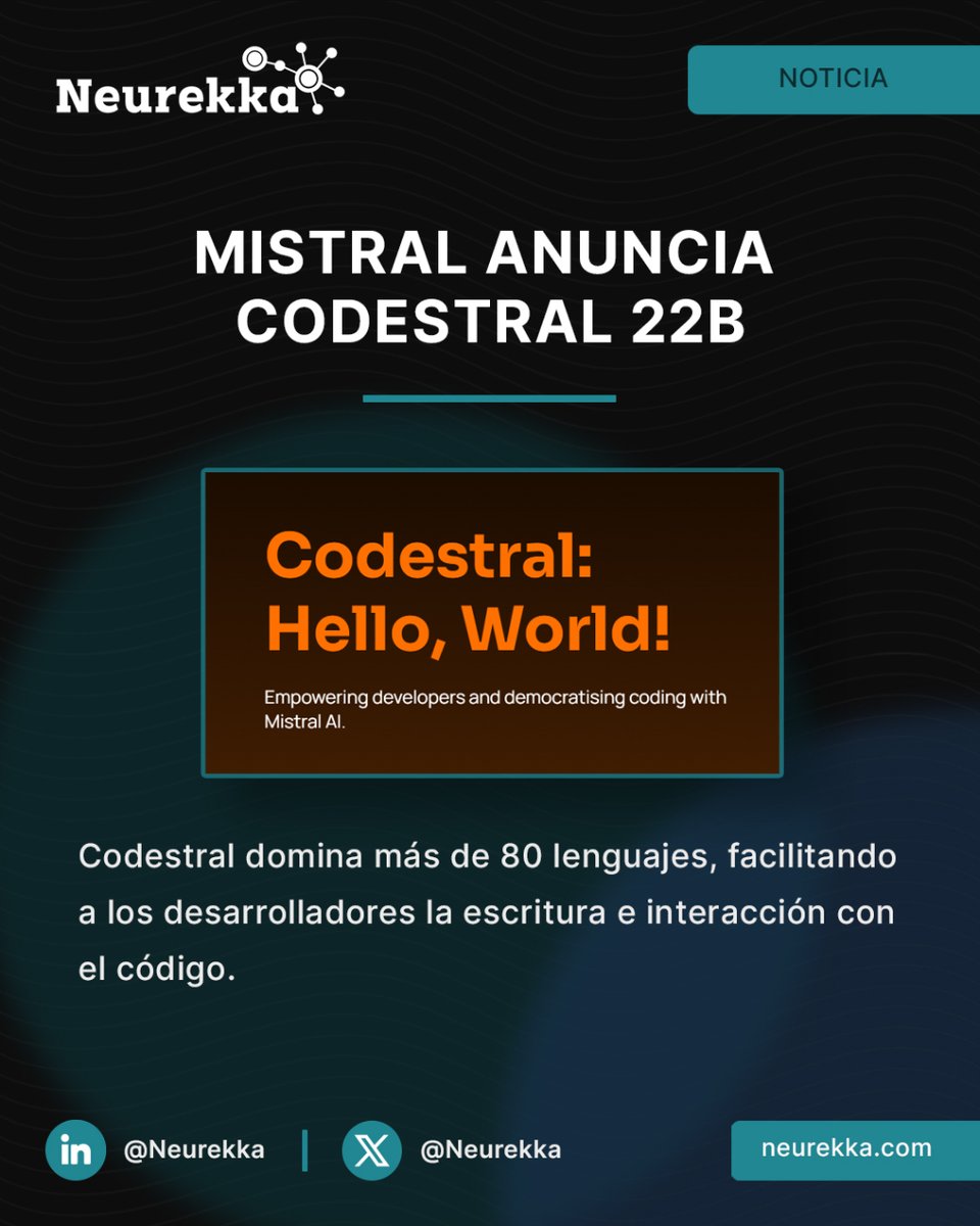 Neurekka's tweet image. 👨‍💻 Mistral anuncia Codestral 22B, su primer modelo de IA diseñado específicamente para tareas de programación.

Codestral domina más de 80 lenguajes de programación, facilitando a los desarrolladores la escritura e interacción con el código.

#Mistral #Codestral #ChatBot