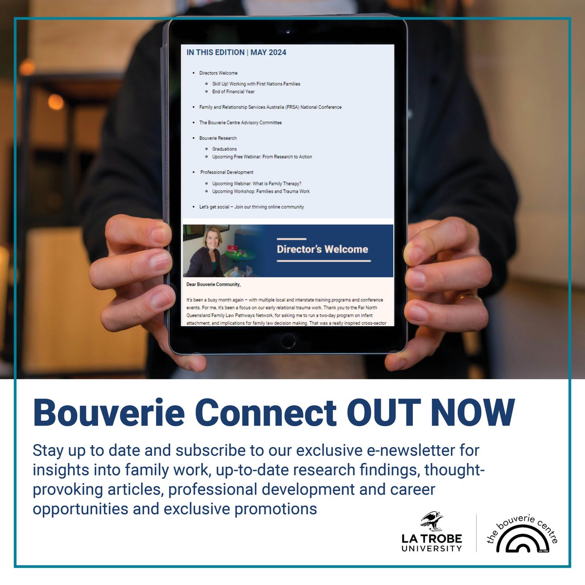 Bouverie Connect: May edition | OUT NOW!
This newsletter is just the tip of the iceberg for what is happening at Bouverie! Read all about:
here bit.ly/BCCONNECT-MAY24

#thebouveriecentre #latrobeuniversity
#familytherapy #professionaldevelopment #workforcedevelopment