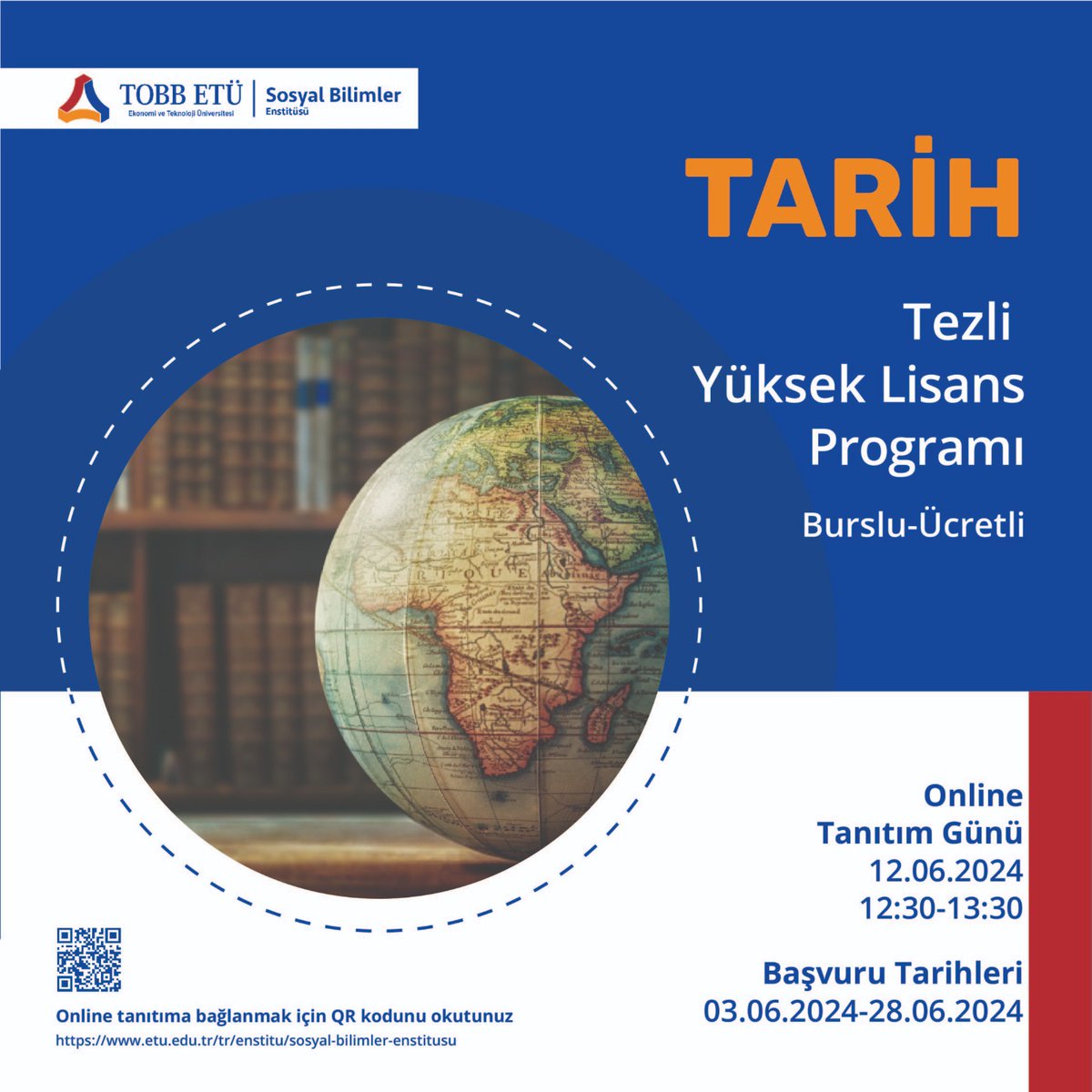 tobbetu_sbe's tweet photo. TOBB ETÜ SBE Tarih Yüksek Lisans programına başvurular 3-28 Haziran 2024 tarihleri arasındadır. Ayrıca, 12 Haziran 2024'te online tanıtım günü olacaktır. İlgilileri bekliyoruz! Detaylı bilgi için: https://t.co/e9Du1XIn0y https://t.co/45juGIAn7k
