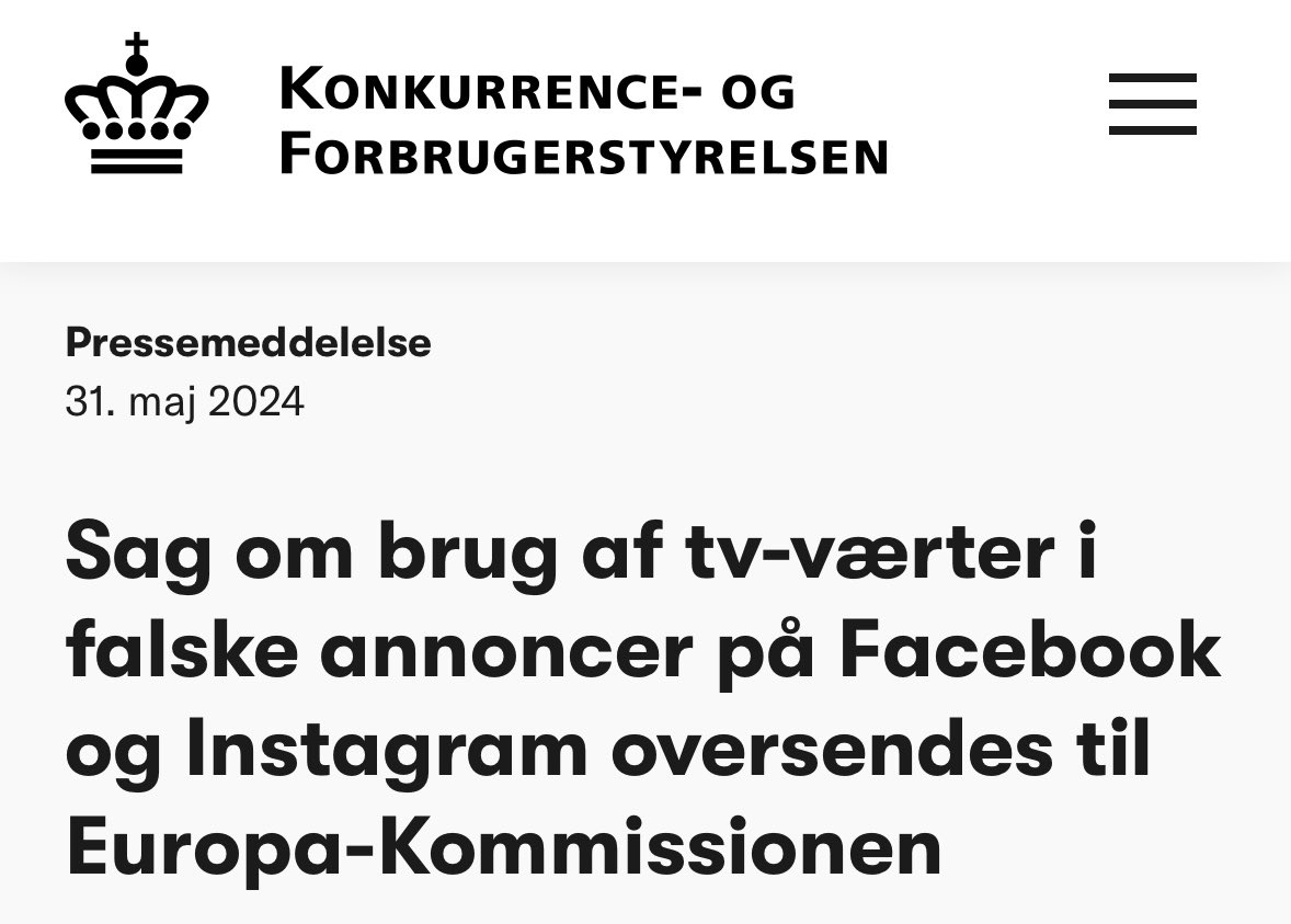 Deep-fake-sag med bl.a.Anders Lund Madsen sendt til <a href="/EU_Commission/">European Commission</a> 
Det er grotesk, hvad bl.a. Anders Lund Madsen og Divya Das har været udsat for. <a href="/Meta/">Meta</a> skal forhindre ulovligt indhold på deres platforme. Godt <a href="/KonkurOgForbrug/">Konkurrence&Forbrug</a> tager fat. #dkpol 
Se her: kfst.dk/pressemeddelel…