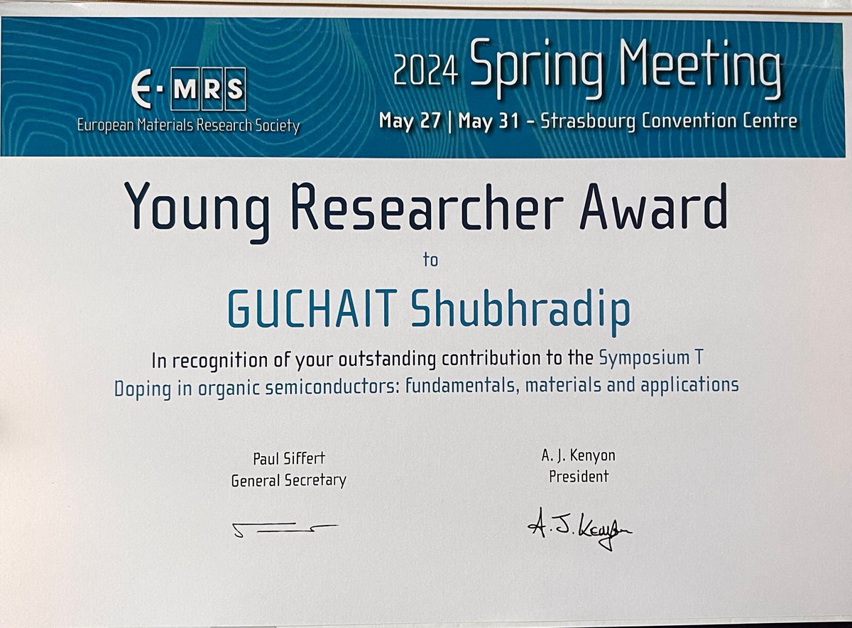 STELORG's tweet photo. Congratulations to @Shubhradip07, finishing his PhD with #MartinBrinkmann with style by winning the Young Research Award at E-MRS. Expert in doping of semiconducting polymers for thermoelectrics, he is currently looking for a position! MP if you are looking for a talented postdoc https://t.co/3xZ8o9sdwl