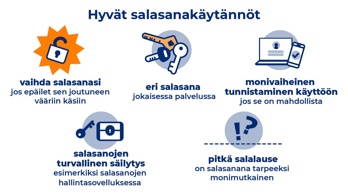 Tällä viikolla kerromme mm. hyvistä salasanakäytännöistä, Ticketmasterin tietomurtoepäilystä, oman organisaation palveluiden tietoturvan kartoittamisesta, sekä NIS2-direktiivin riskienhallintavelvoitteesta. 

➡️ Lue lisää: kyberturvallisuuskeskus.fi/fi/ajankohtais… 

#tietoturva #kyberturvallisuus