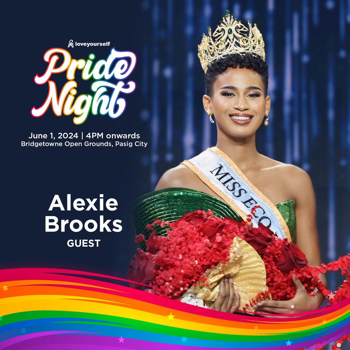 WAIT!!! TOTOO BA ITO?

Ito na ang time to meet our newly crowned Miss Eco International Philippines, Alexie Brooks! See you on June 1, 2024, 5 PM onwards at Bridgetowne Open Grounds. 
LoveYourself’s Pride Night is brought to us by Robinsons Land Corporation, RLC Residences, MAC
