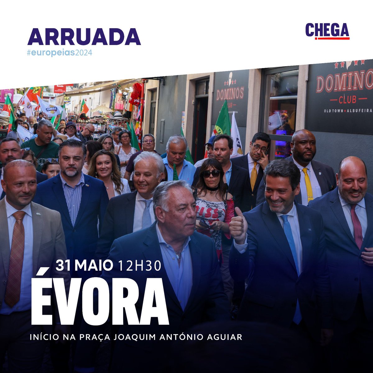 Vamos estar hoje no centro de Évora para mais uma grande arruada de campanha eleitoral das Europeias! ✌️ Vamos mostrar a nossa força nas ruas! Contamos contigo. Até já! 🇵🇹 #CHEGA